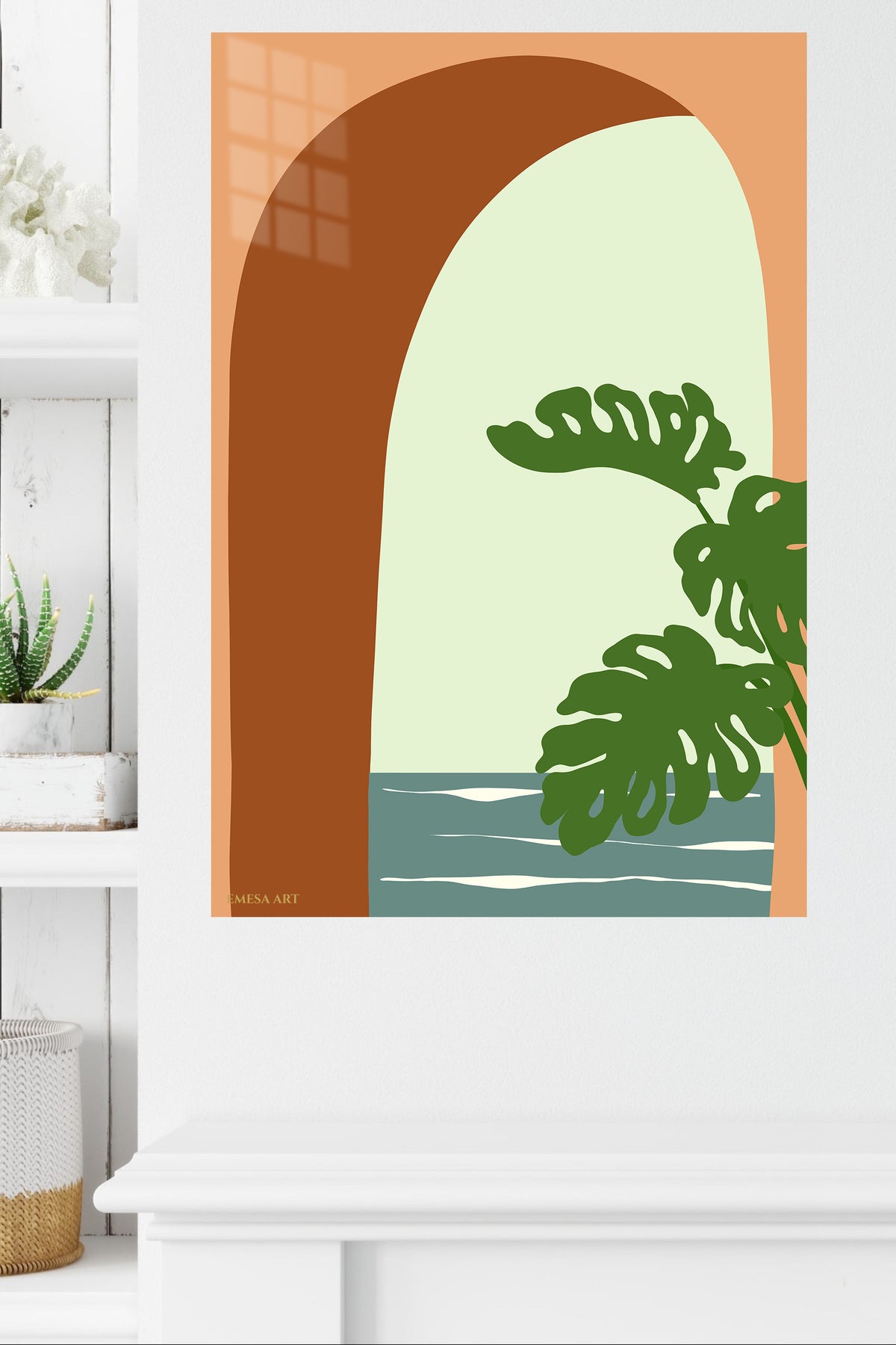 Monstera Arch Retreat metal wall art displayed in a modern interior