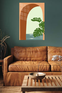 Monstera Arch Retreat metal wall art displayed in a contemporary living space