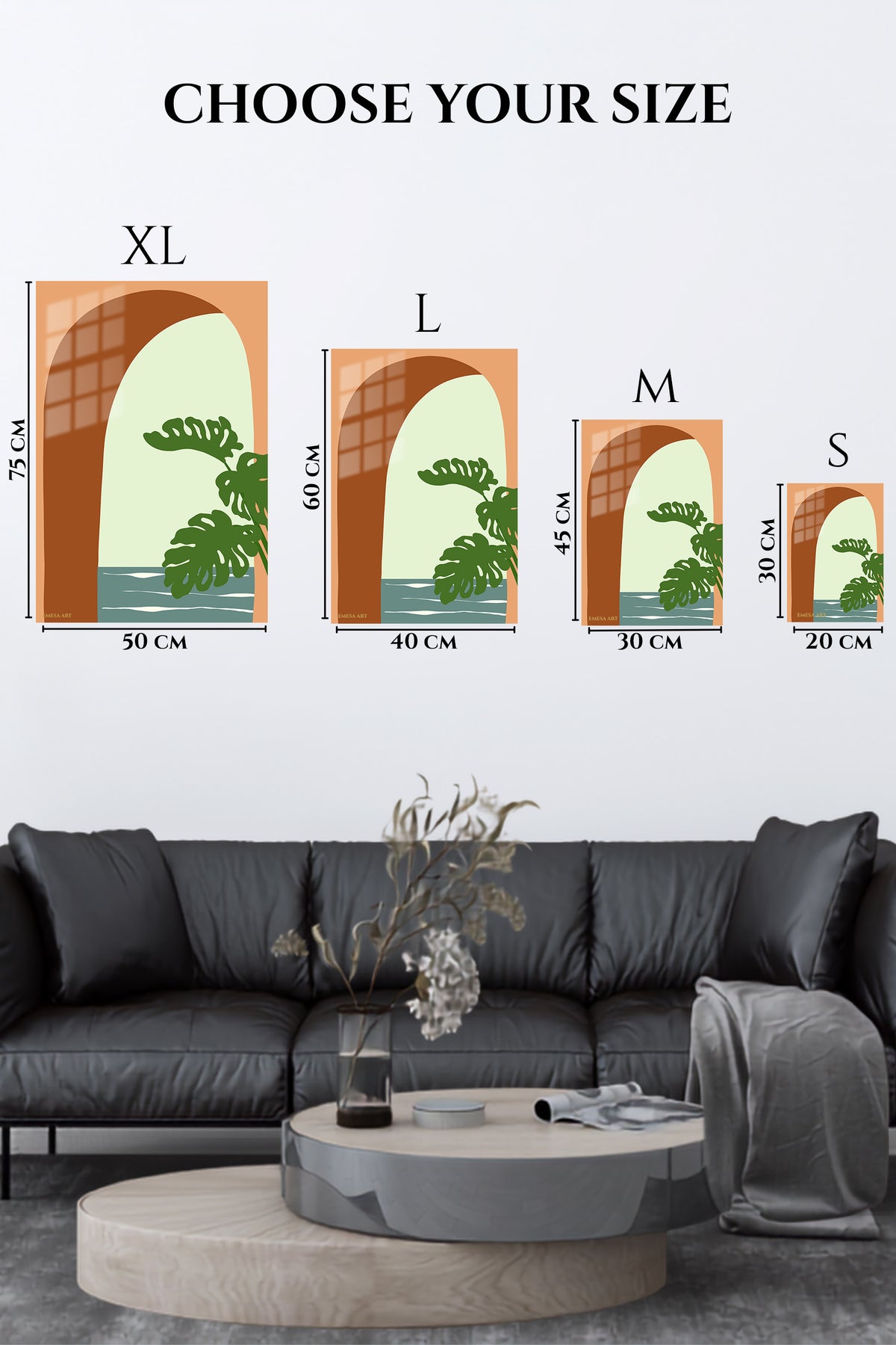 EMESA metal wall art size comparison guide for Monstera Arch Retreat