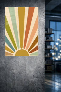 Earthtone Rising Sun metal wall art displayed in a modern interior