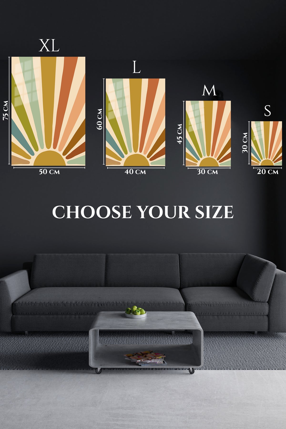 EMESA metal wall art size comparison guide for Earthtone Rising Sun