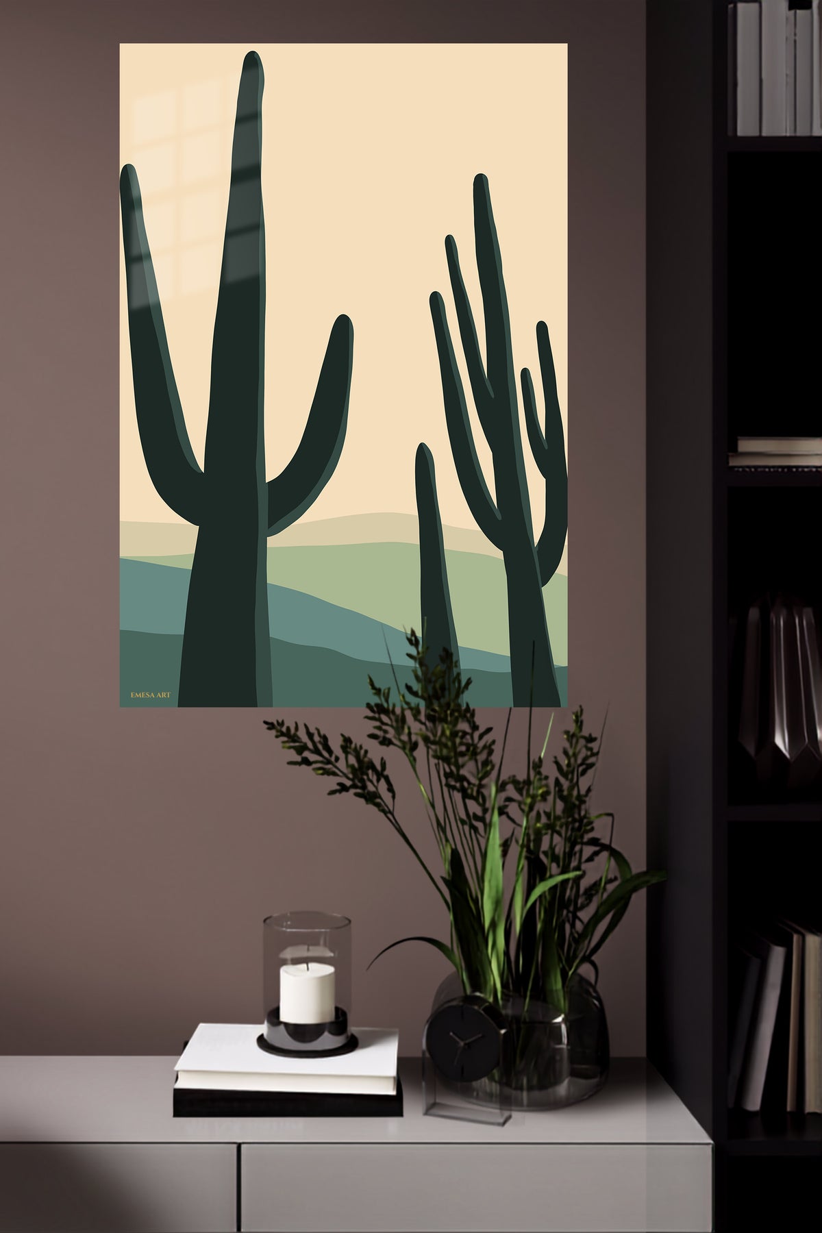 Saguaro Silhouettes at Dusk metal wall art displayed in a modern interior