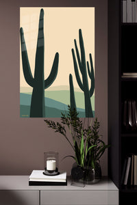 Saguaro Silhouettes at Dusk metal wall art displayed in a modern interior