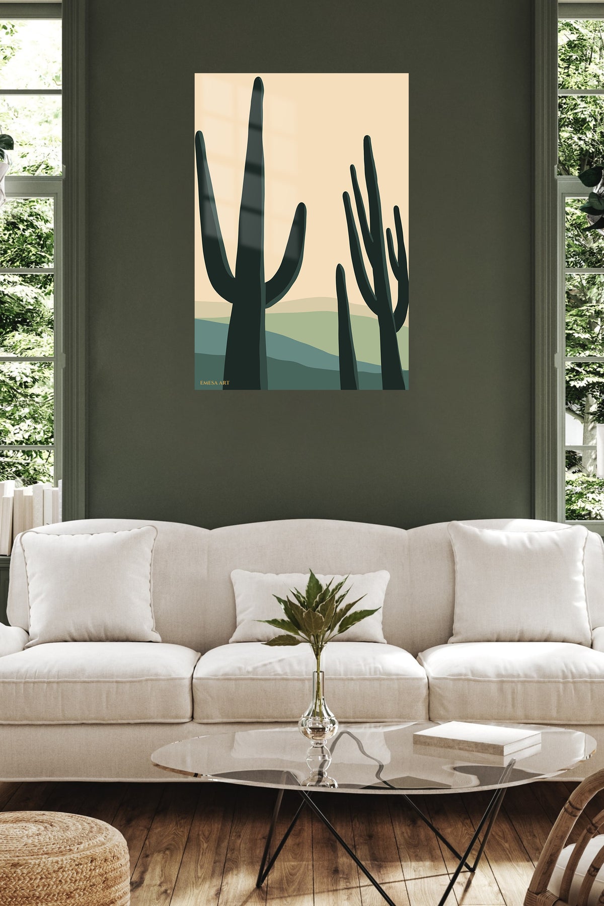 Saguaro Silhouettes at Dusk metal wall art displayed in a contemporary living space