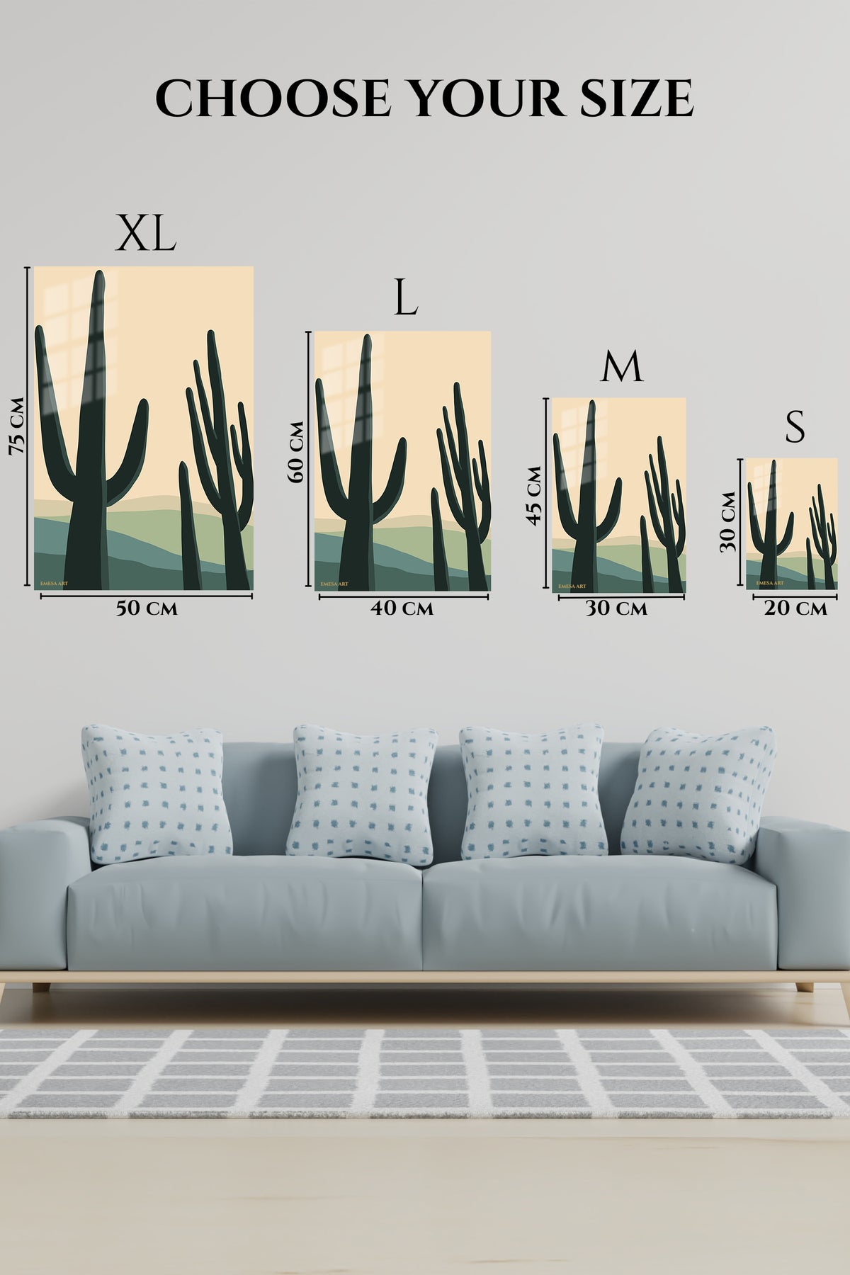 EMESA metal wall art size comparison guide for Saguaro Silhouettes at Dusk