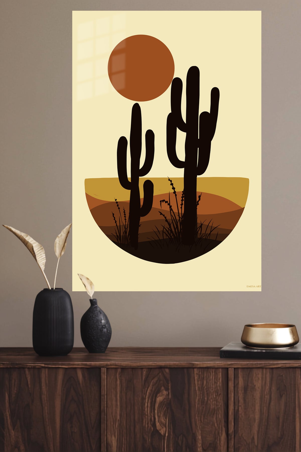 Desert Cactus Sunset metal wall art displayed in a modern interior