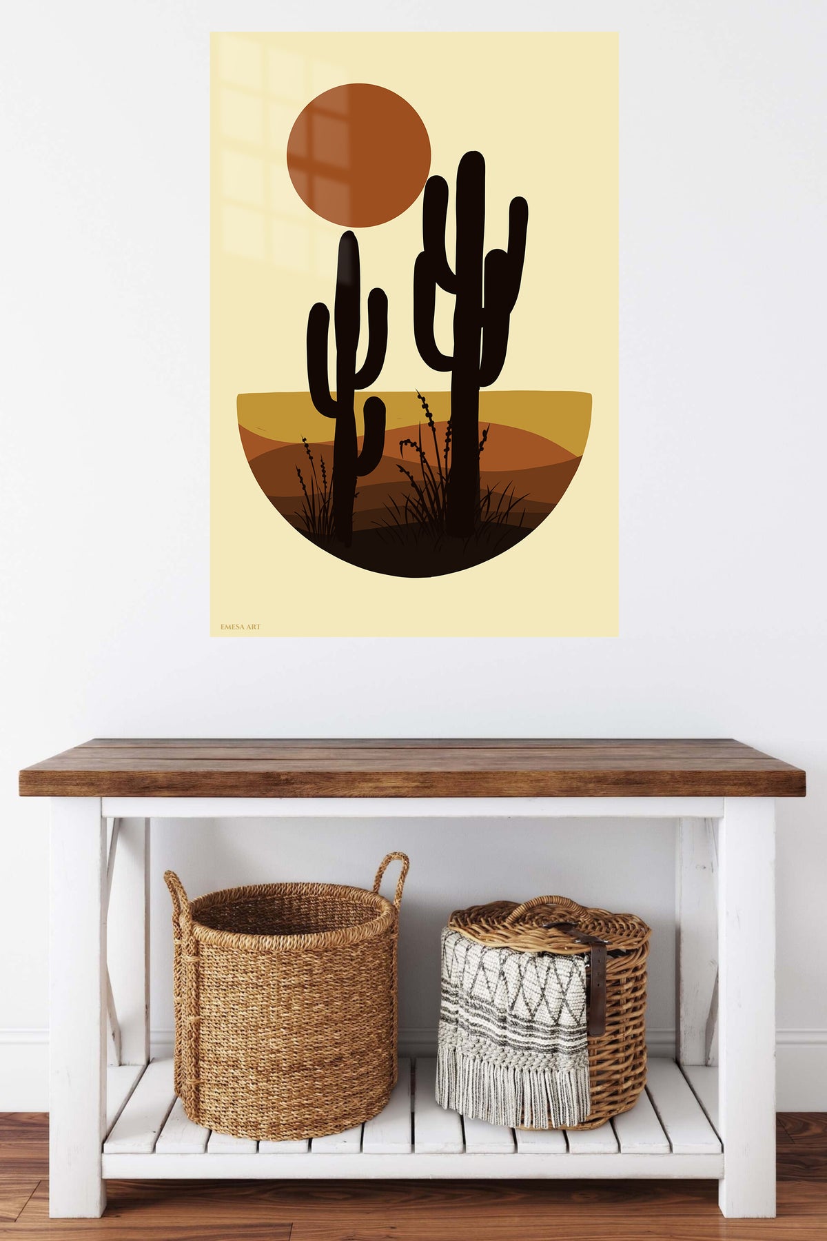 Desert Cactus Sunset metal wall art displayed in a contemporary living space
