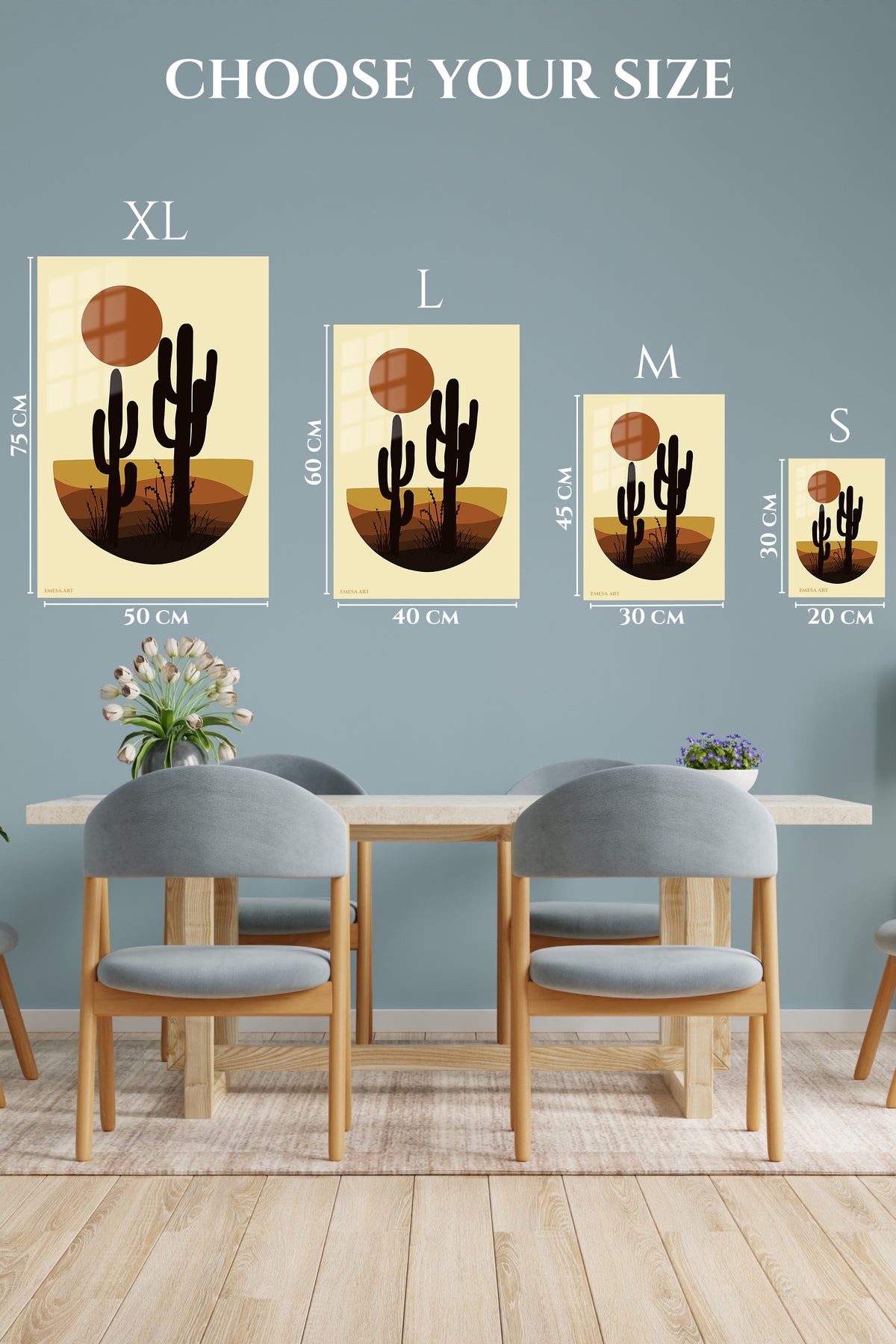 EMESA metal wall art size comparison guide for Desert Cactus Sunset