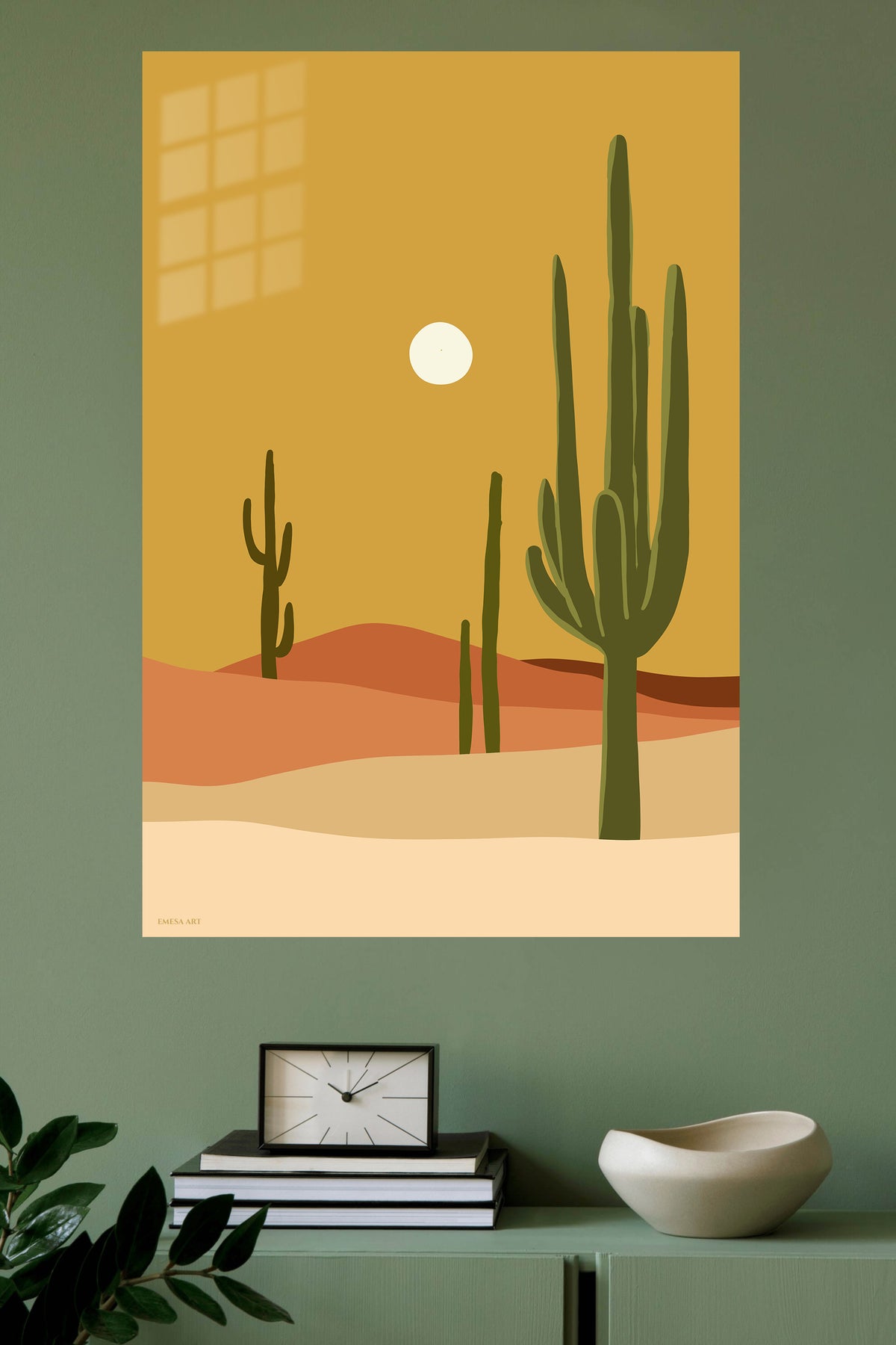 Desert Cacti and Sun metal wall art displayed in a modern interior