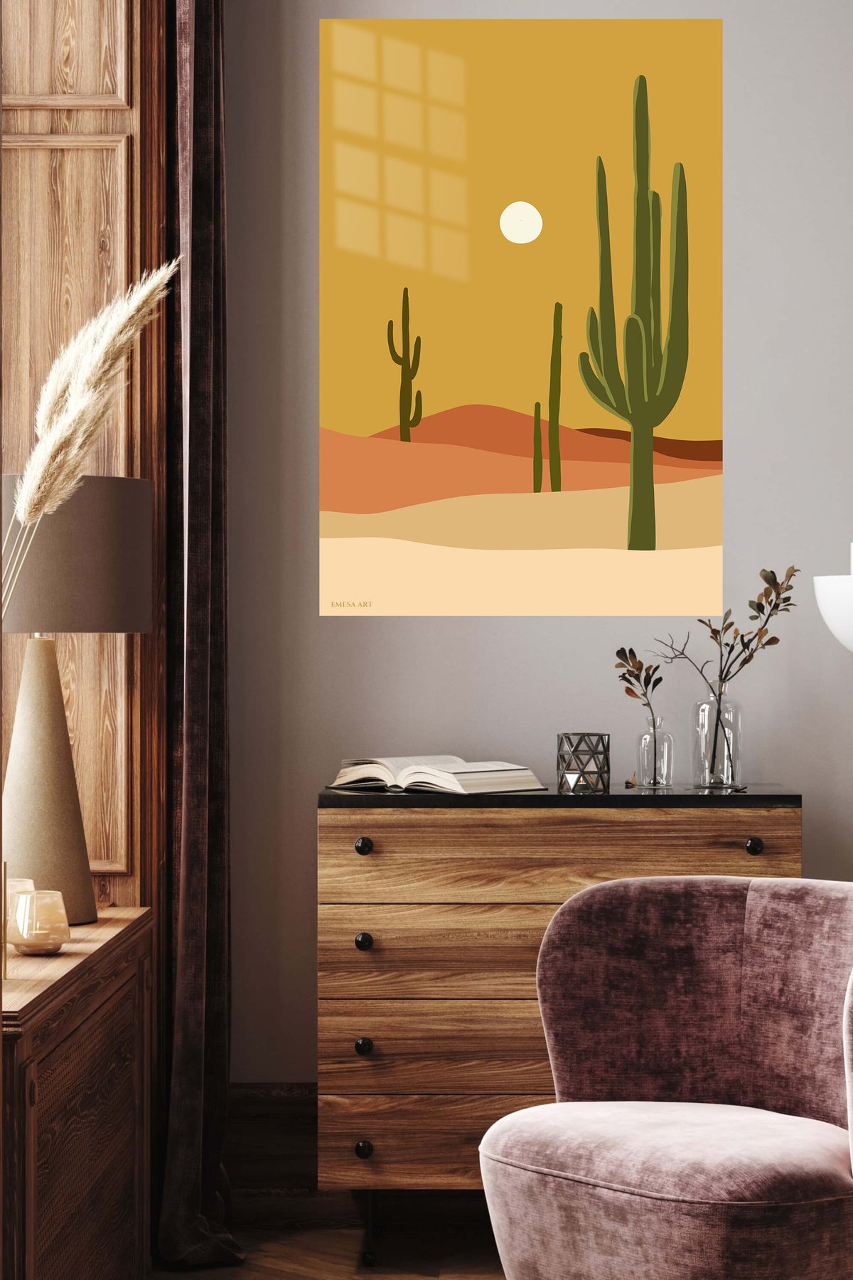 Desert Cacti and Sun metal wall art displayed in a contemporary living space
