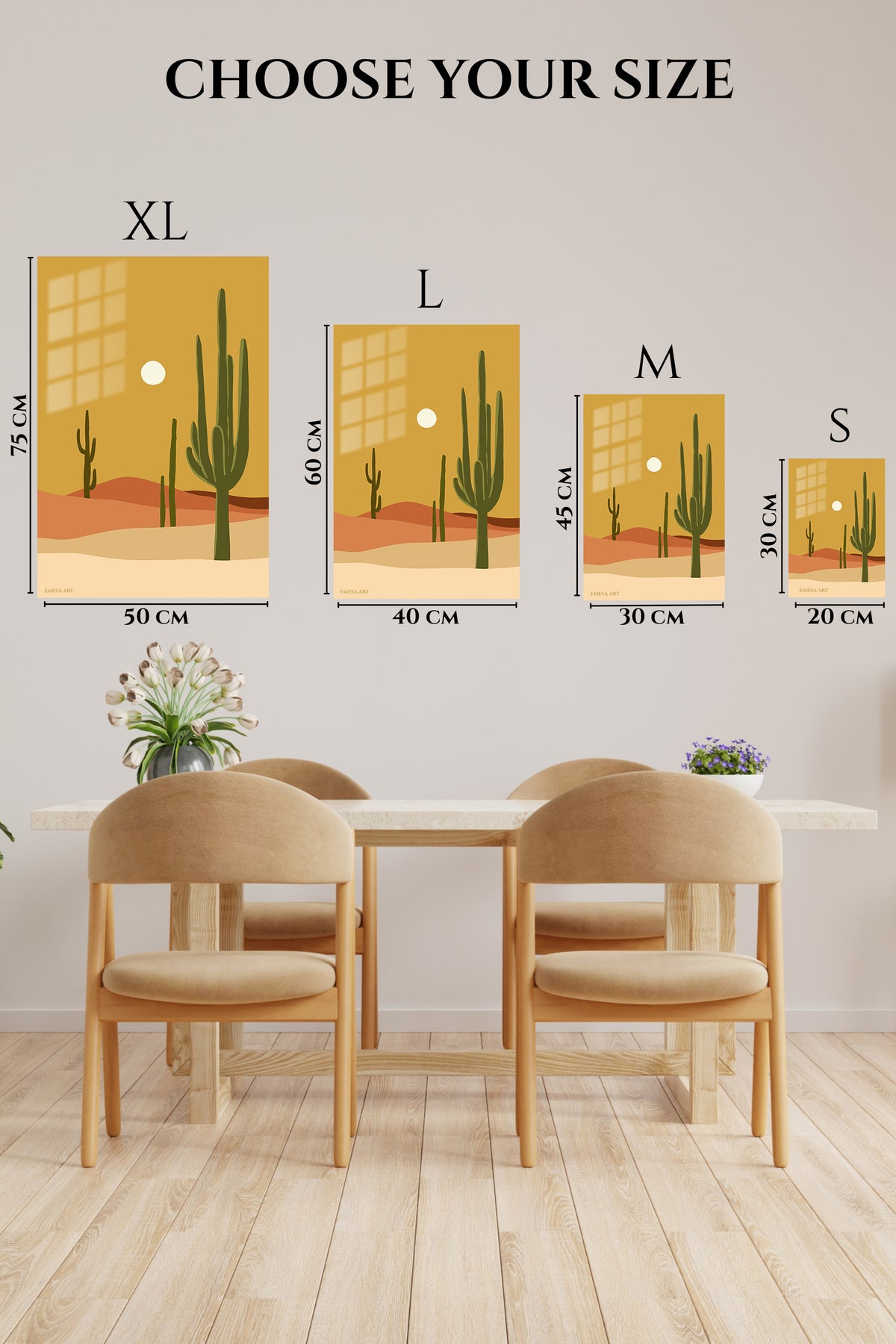 EMESA metal wall art size comparison guide for Desert Cacti and Sun