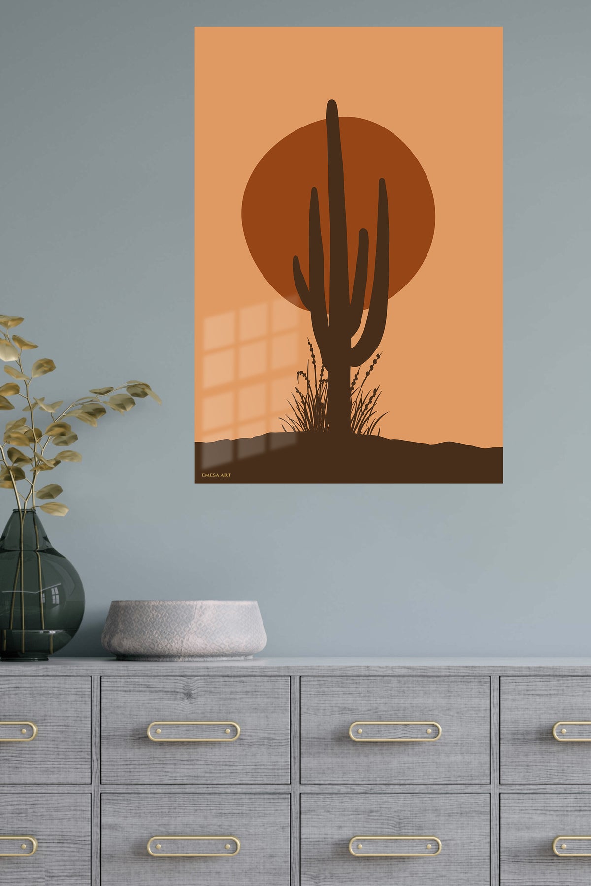 Desert Cactus Sunset metal wall art displayed in a modern interior