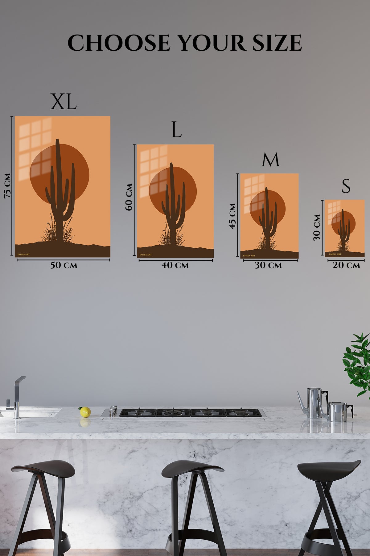EMESA metal wall art size comparison guide for Desert Cactus Sunset
