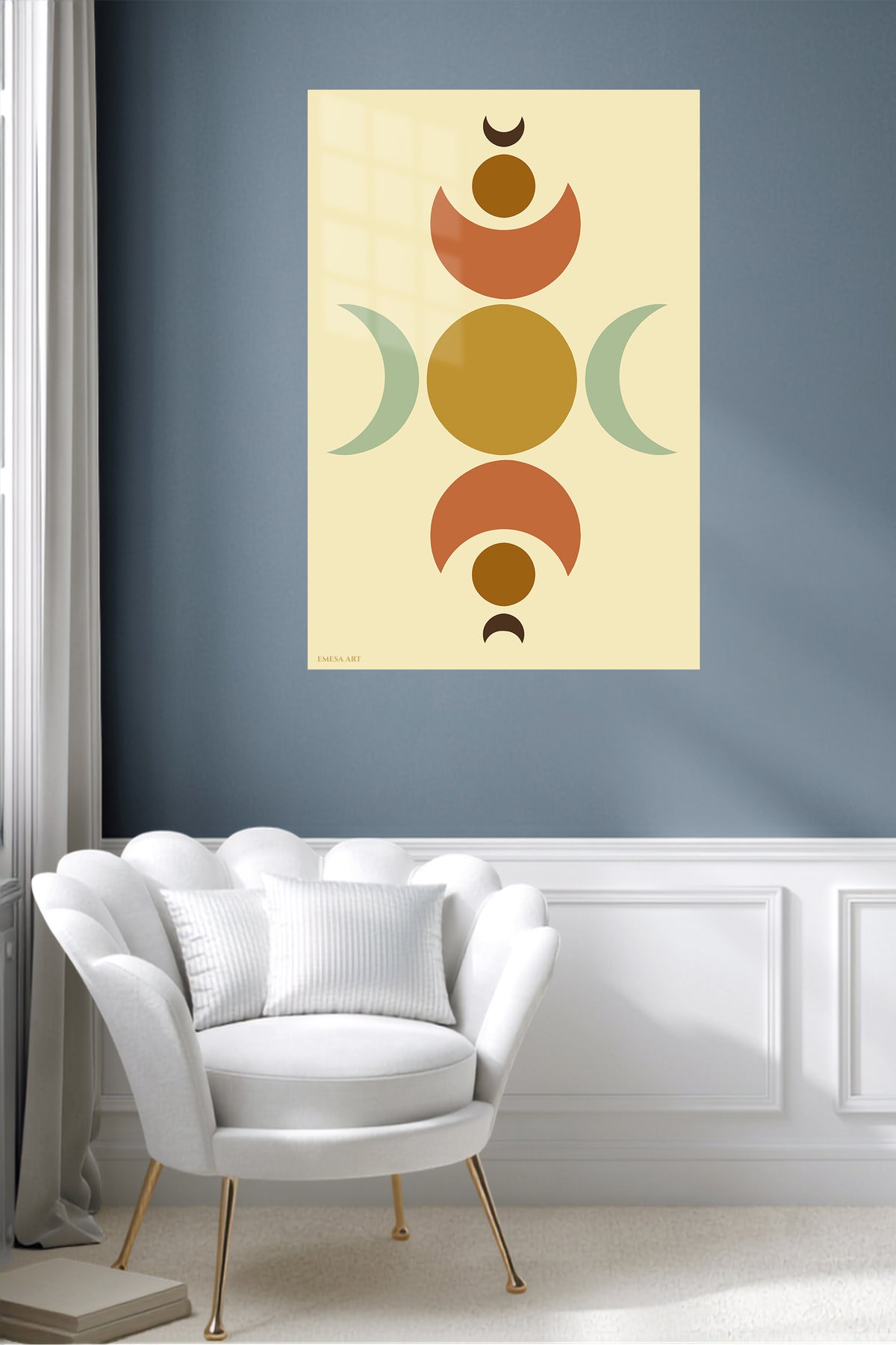 Earth Tone Lunar Balance metal wall art displayed in a contemporary living space