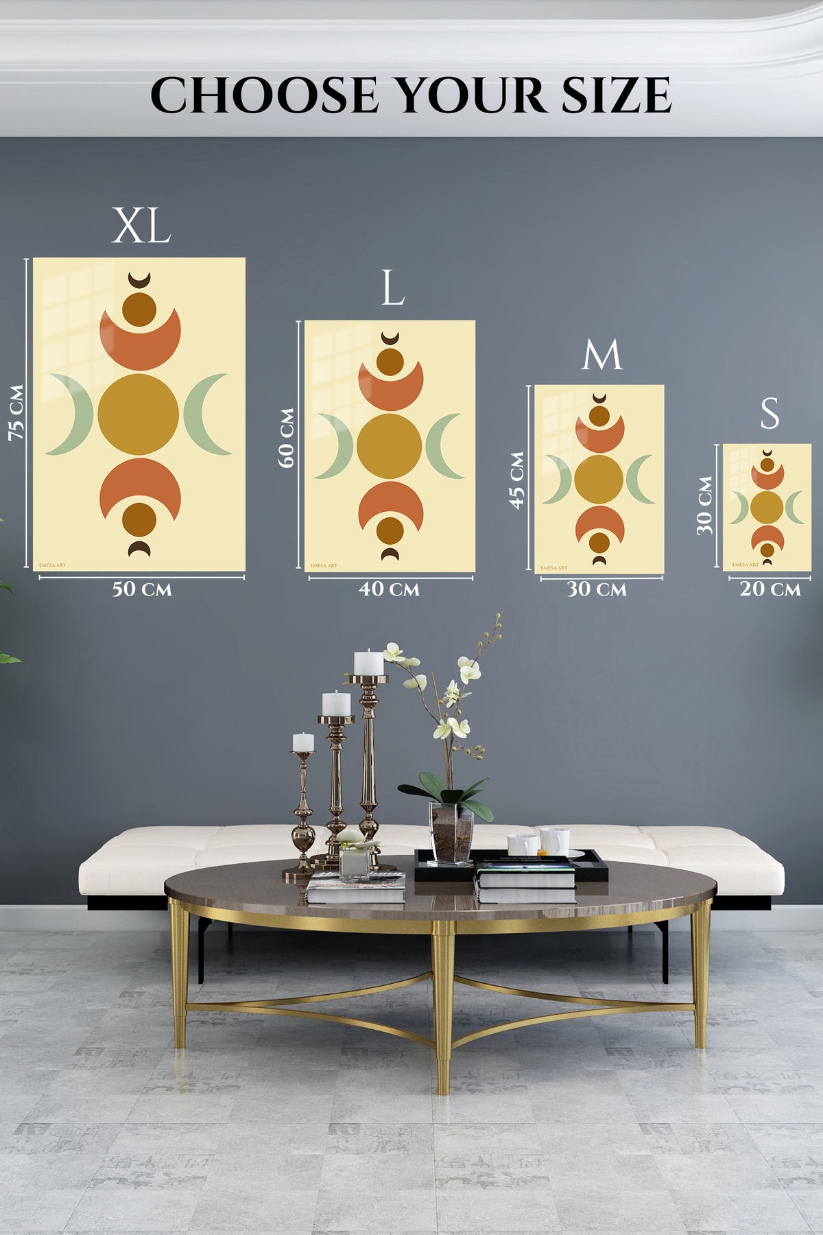 EMESA metal wall art size comparison guide for Earth Tone Lunar Balance
