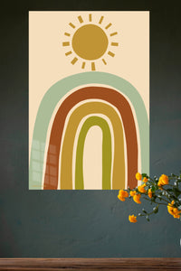 Earth Tone Rainbow Sunrise metal wall art displayed in a modern interior