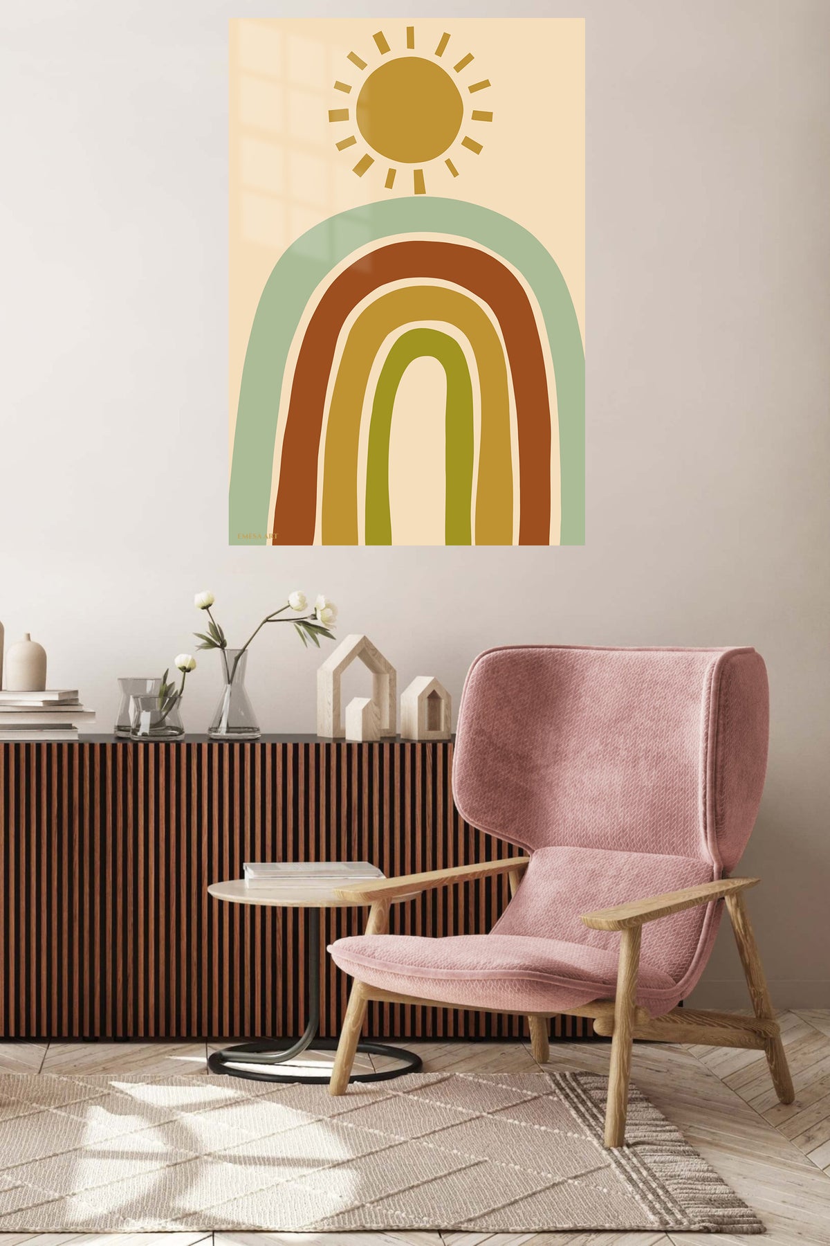 Earth Tone Rainbow Sunrise metal wall art displayed in a contemporary living space