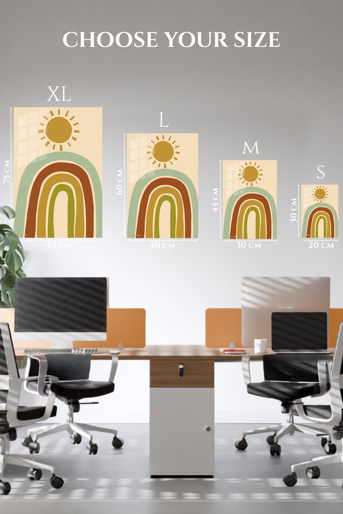 EMESA metal wall art size comparison guide for Earth Tone Rainbow Sunrise