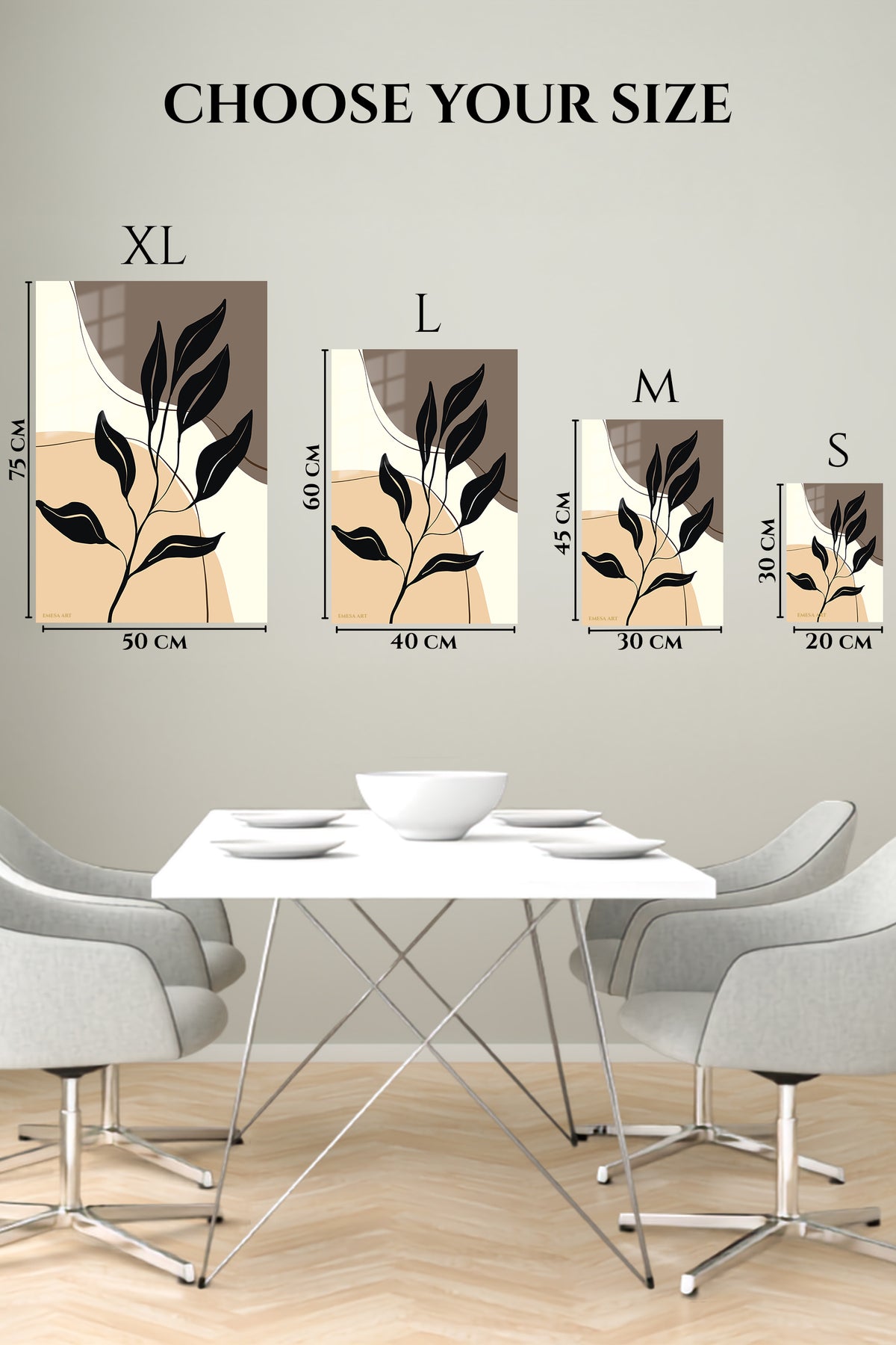 EMESA metal wall art size comparison guide for Midnight Botanical Silhouette