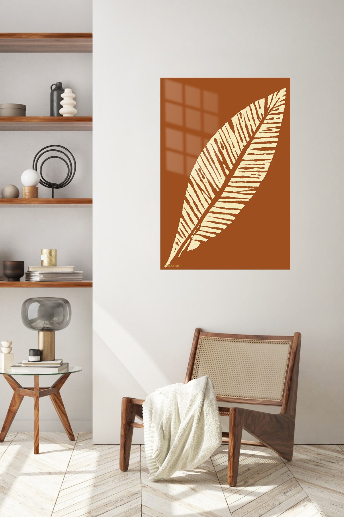 Cream Palm Frond Silhouette metal wall art displayed in a contemporary living space