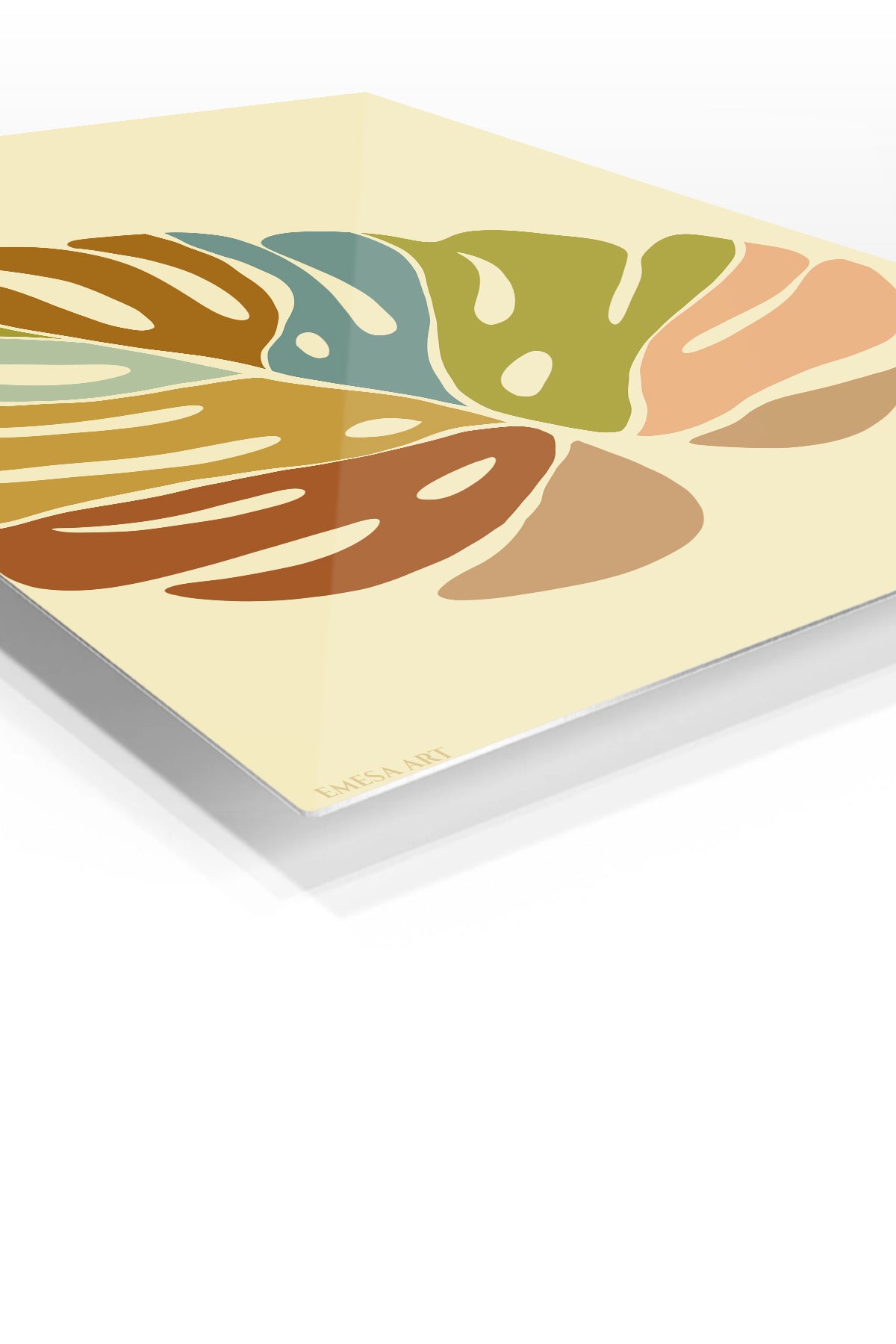 Earth Tone Monstera Leaves premium metal wall art – angled view