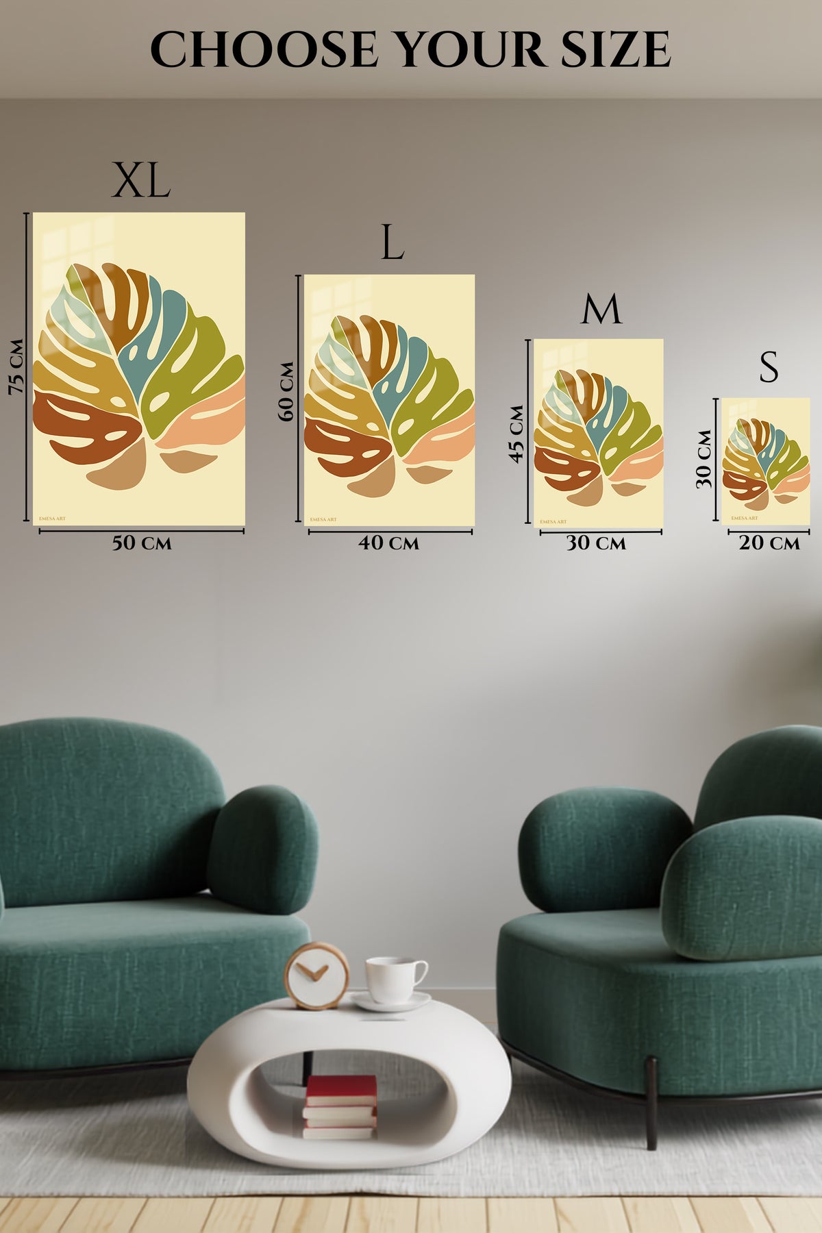 EMESA metal wall art size comparison guide for Earth Tone Monstera Leaves