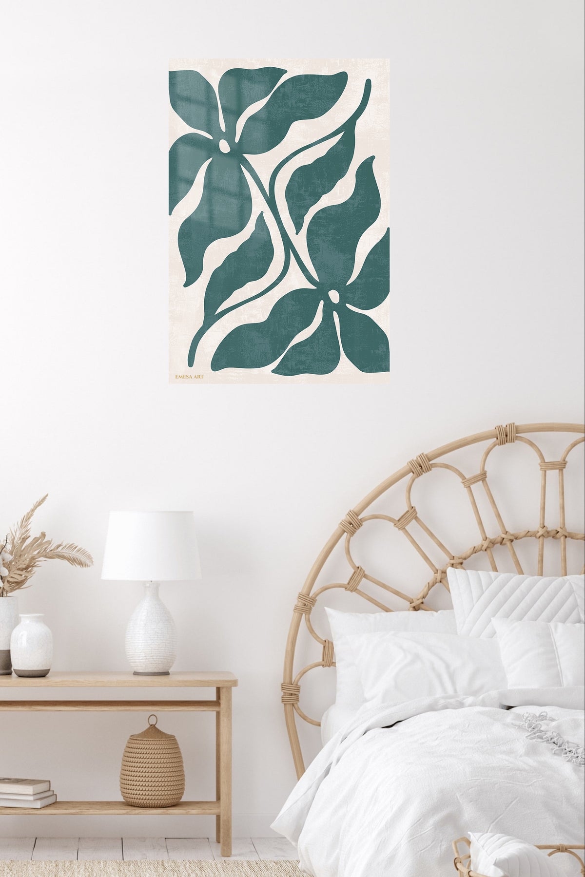 Teal Tropical Leaf Silhouette metal wall art displayed in a contemporary living space