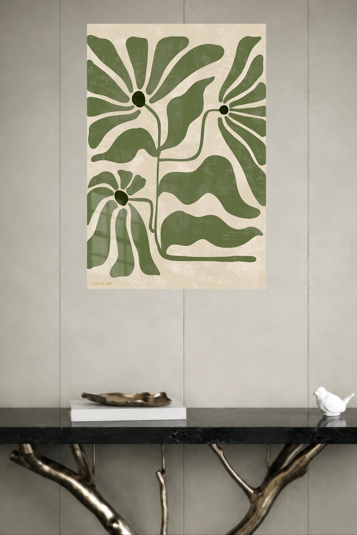 Olive Abstract Botanical Blooms metal wall art displayed in a modern interior