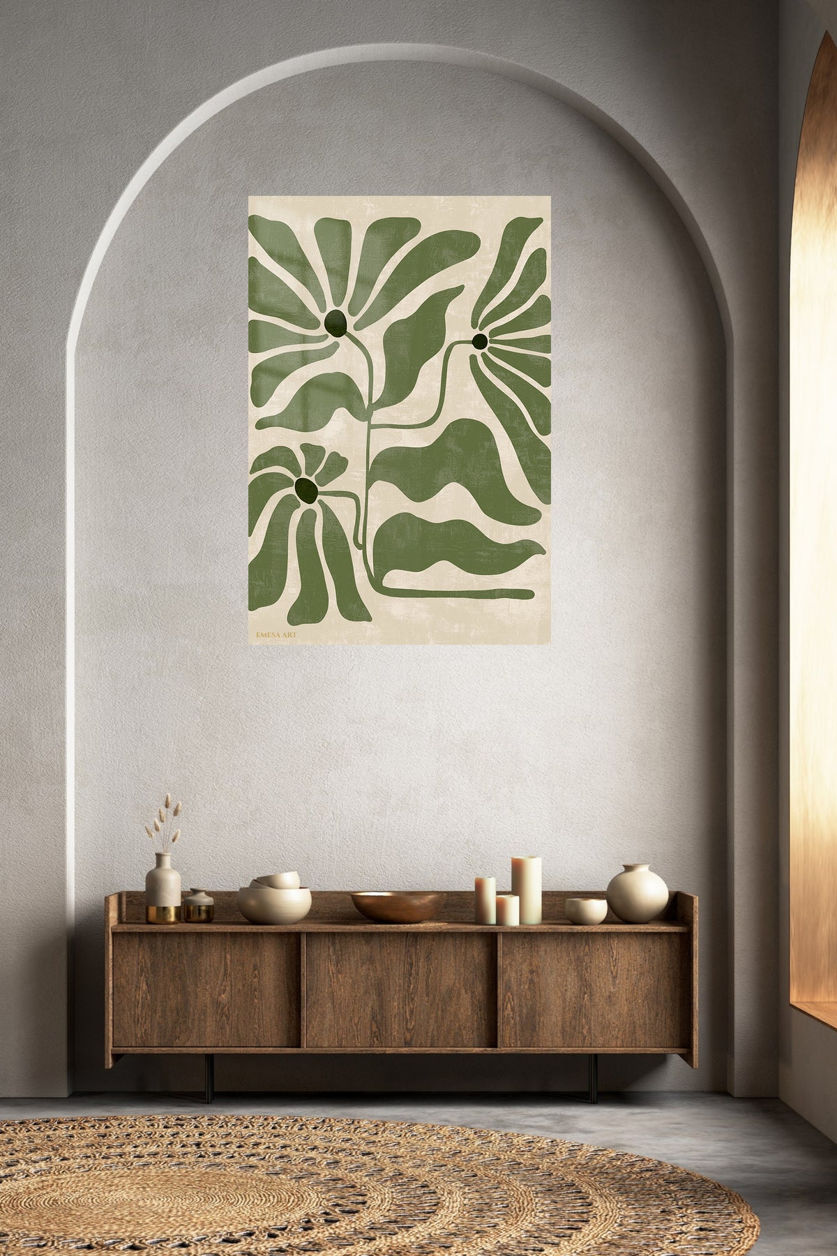 Olive Abstract Botanical Blooms metal wall art displayed in a contemporary living space