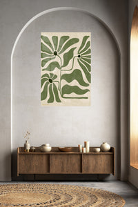 Olive Abstract Botanical Blooms metal wall art displayed in a contemporary living space