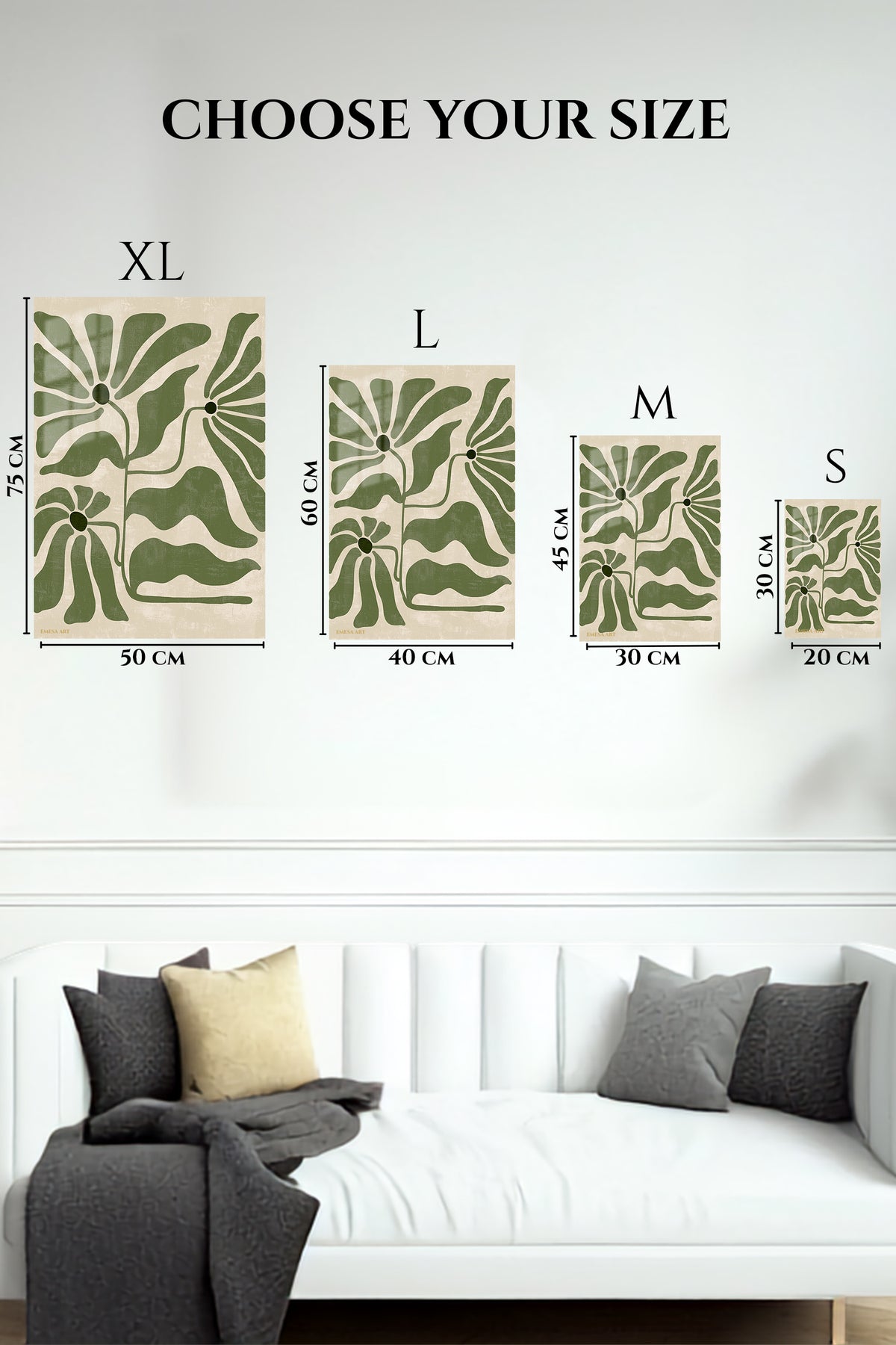 EMESA metal wall art size comparison guide for Olive Abstract Botanical Blooms