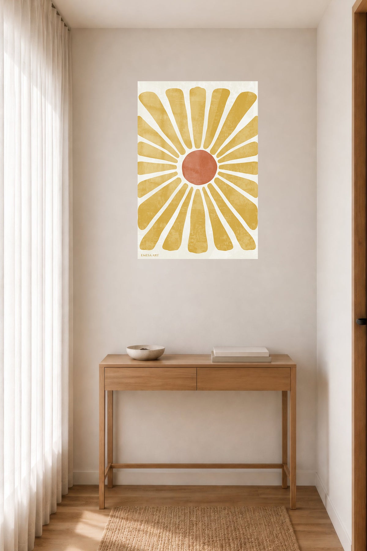 Golden Boho Sunburst metal wall art displayed in a contemporary living space