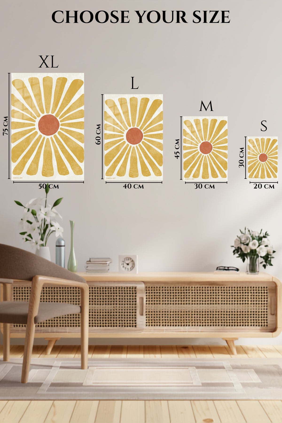EMESA metal wall art size comparison guide for Golden Boho Sunburst