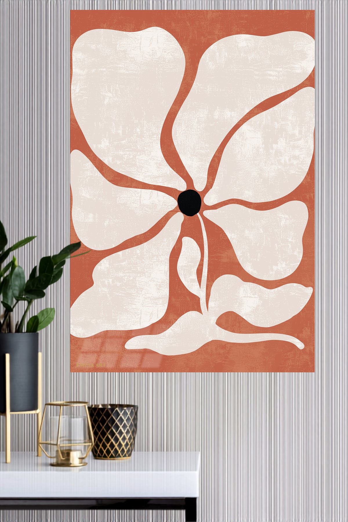 Terracotta Abstract Bloom metal wall art displayed in a modern interior