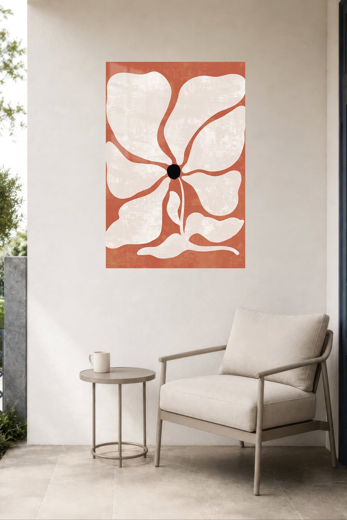 Terracotta Abstract Bloom metal wall art displayed in a contemporary living space