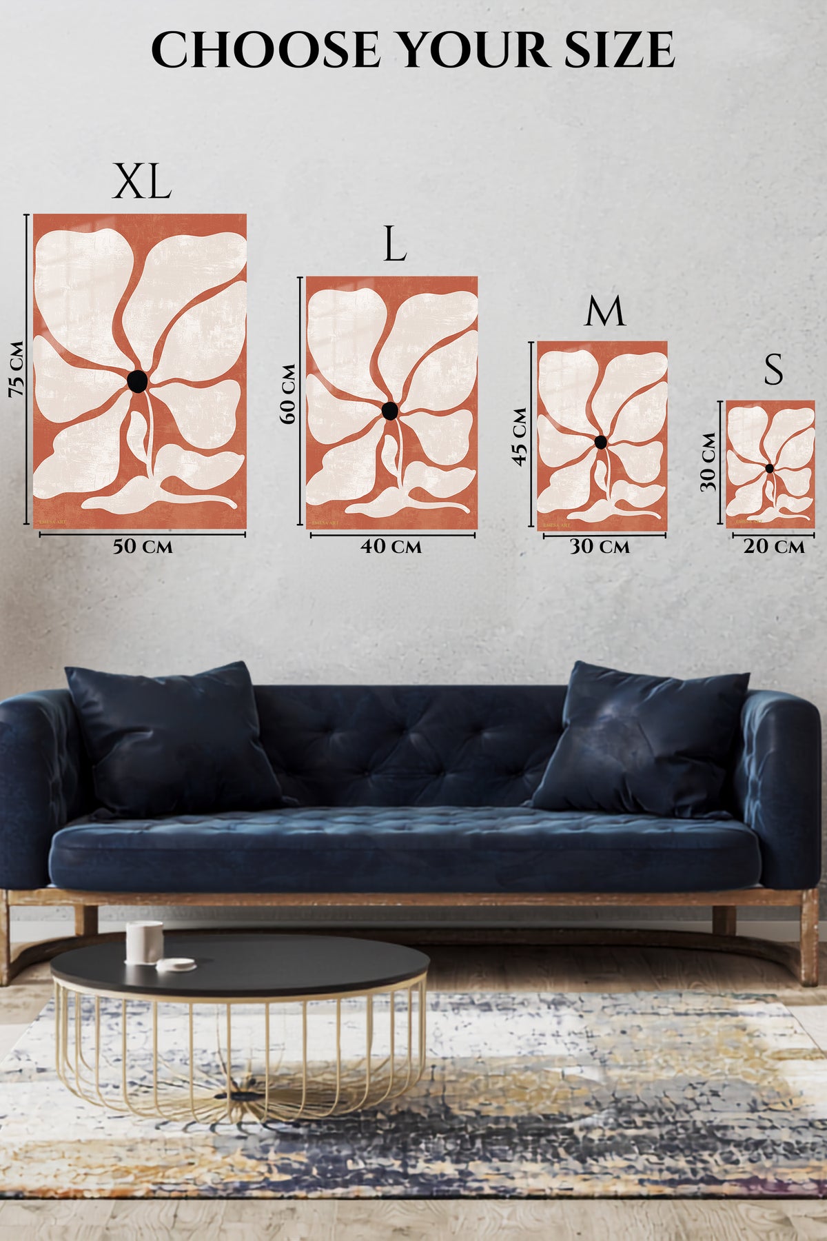 EMESA metal wall art size comparison guide for Terracotta Abstract Bloom