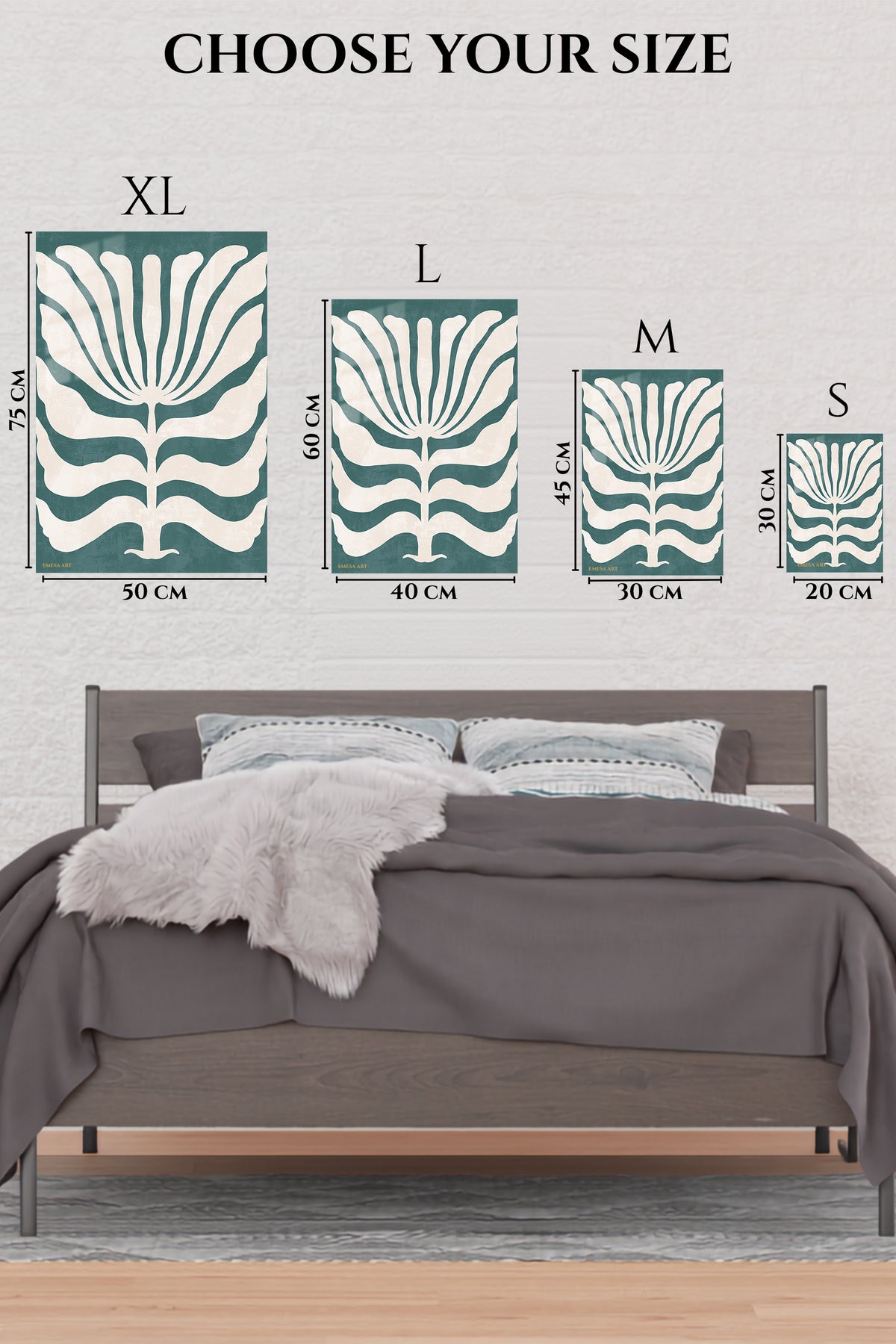EMESA metal wall art size comparison guide for Teal Botanical Silhouette