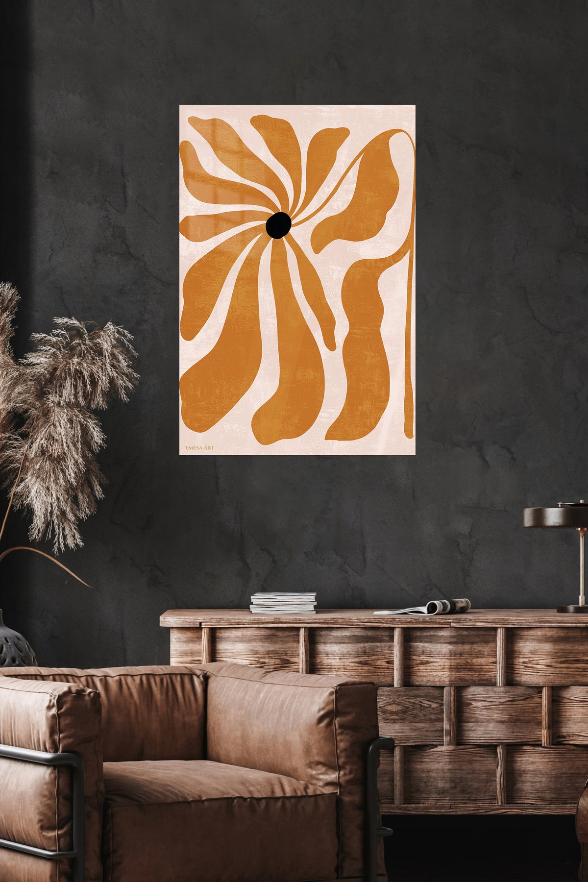Ochre Bloom metal wall art displayed in a modern interior