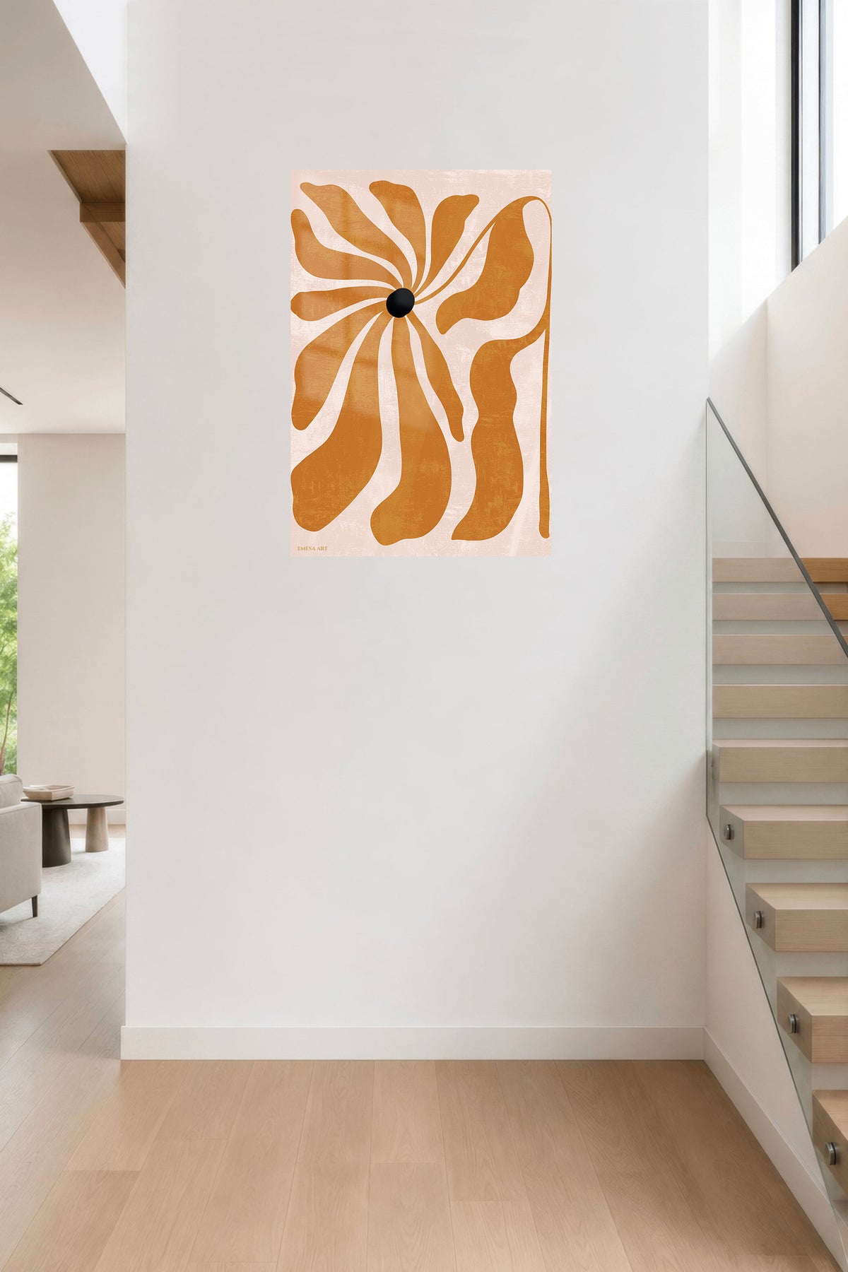 Ochre Bloom metal wall art displayed in a contemporary living space
