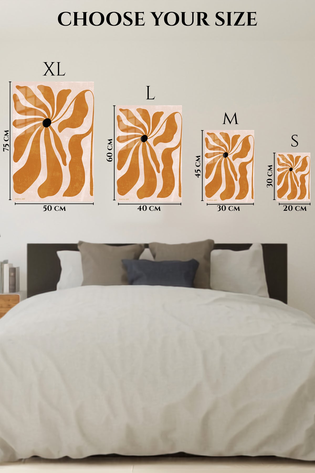 EMESA metal wall art size comparison guide for Ochre Bloom