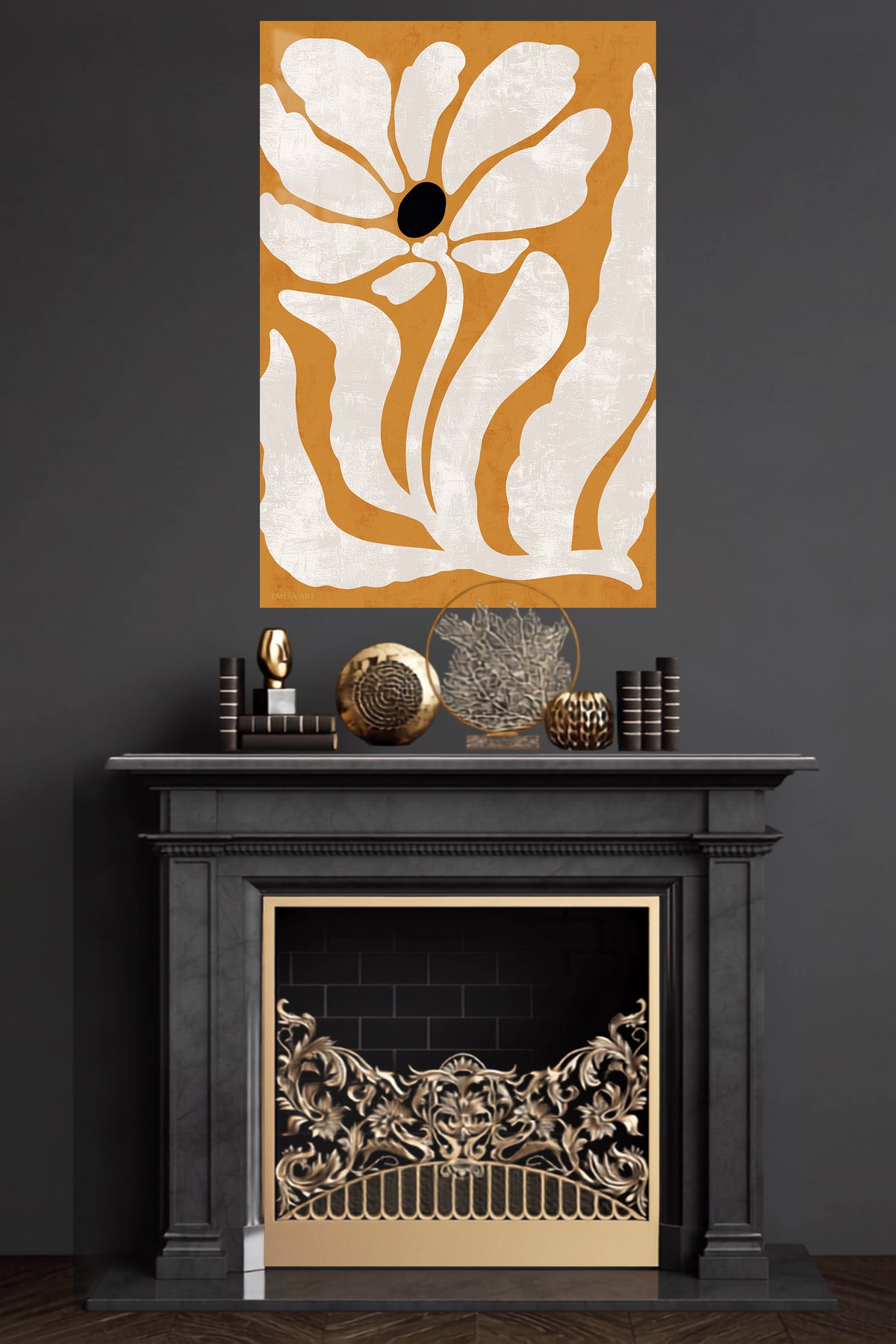 Ochre Botanical Silhouette metal wall art displayed in a modern interior