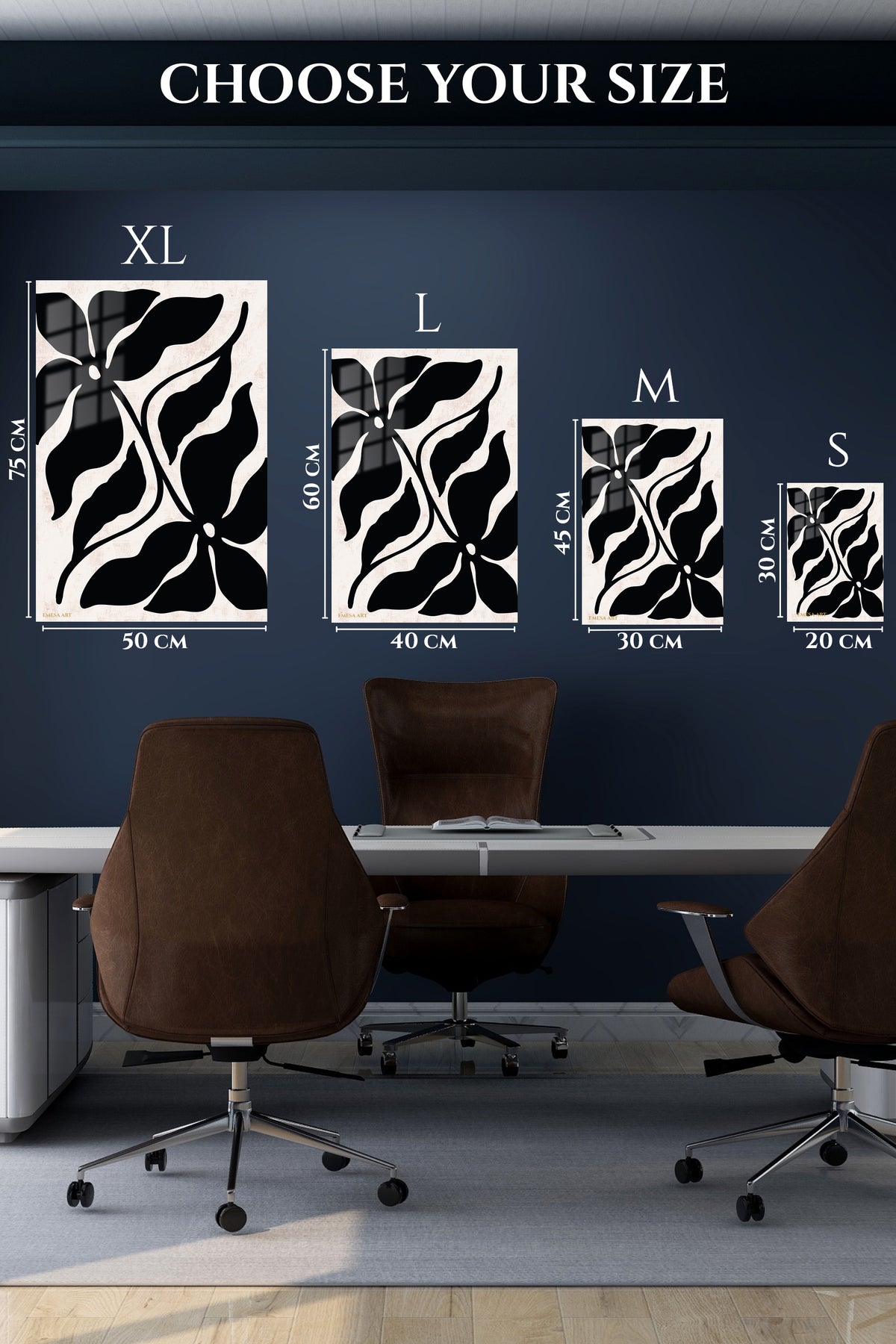 EMESA metal wall art size comparison guide for Midnight Botanical Silhouettes