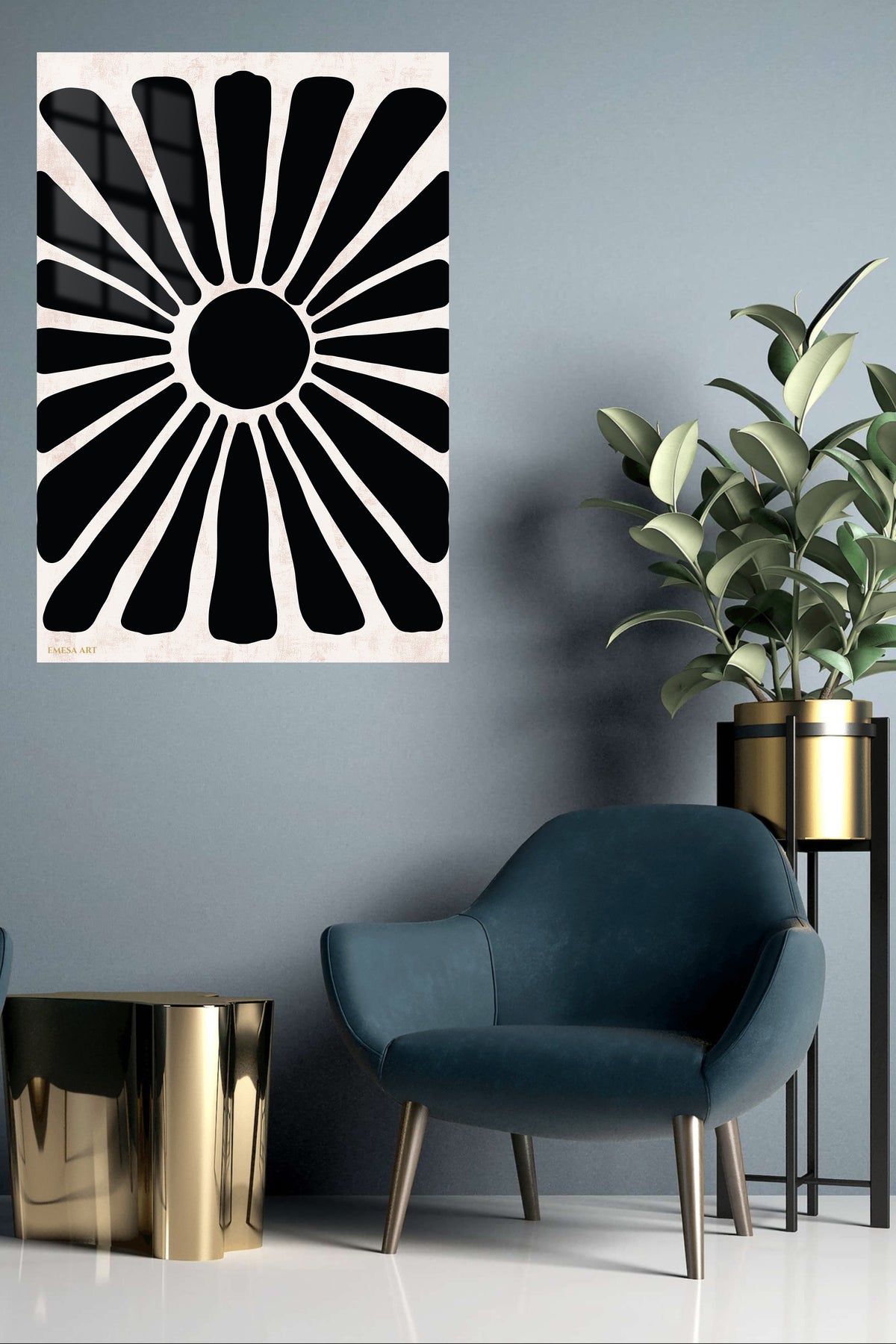 Bold Black Sunburst metal wall art displayed in a contemporary living space