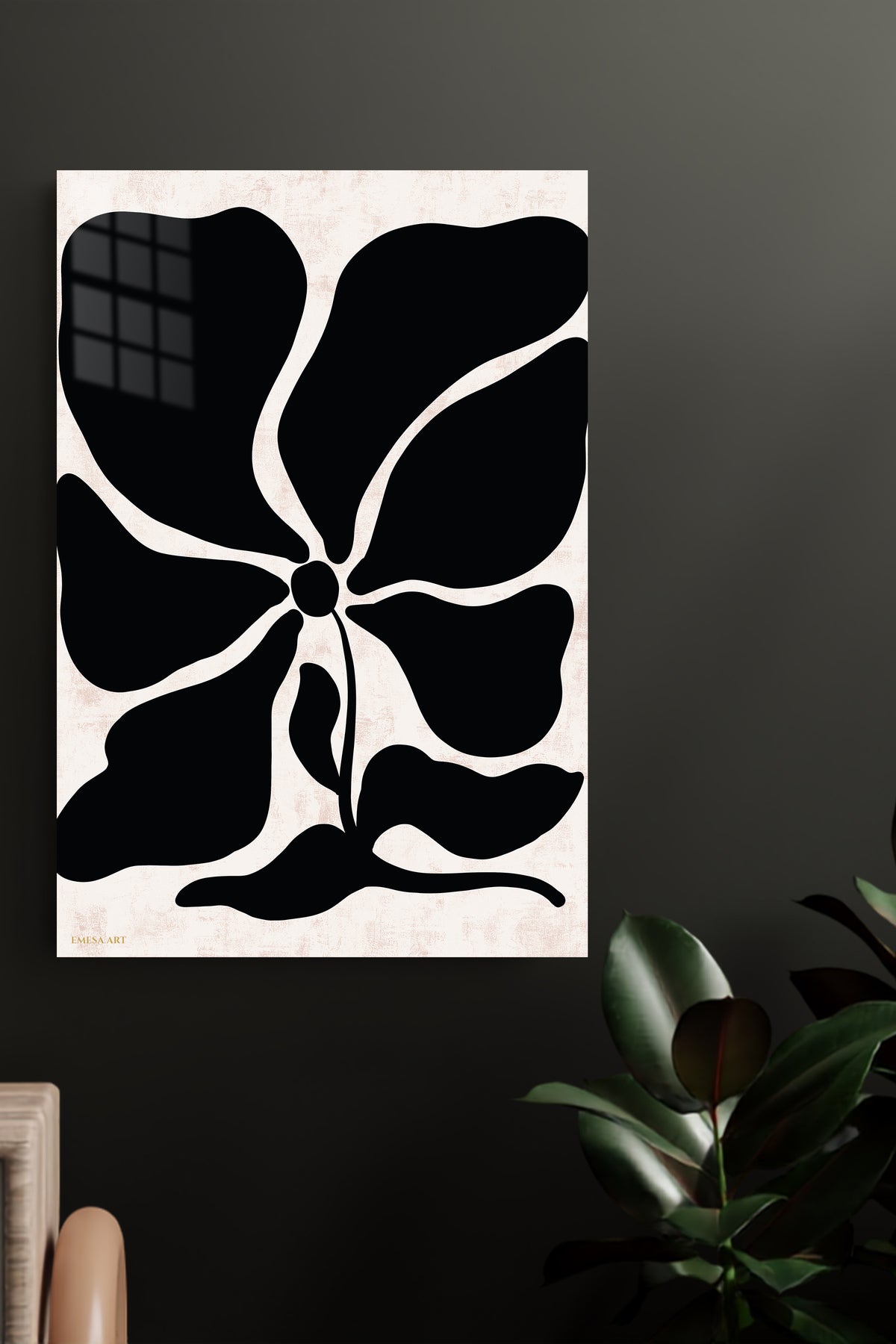 Black Organic Flower on Blush metal wall art displayed in a modern interior