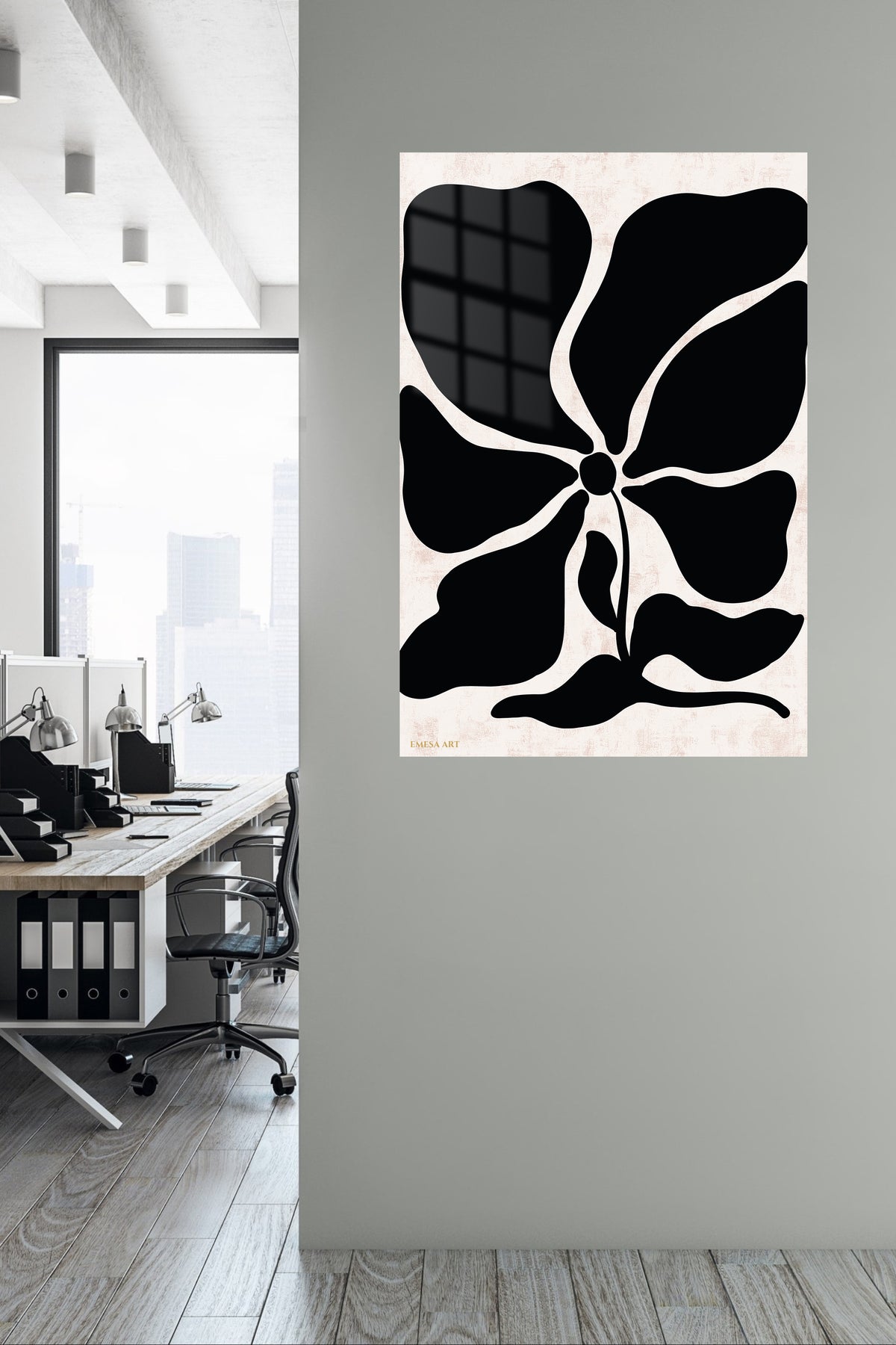 Black Organic Flower on Blush metal wall art displayed in a contemporary living space