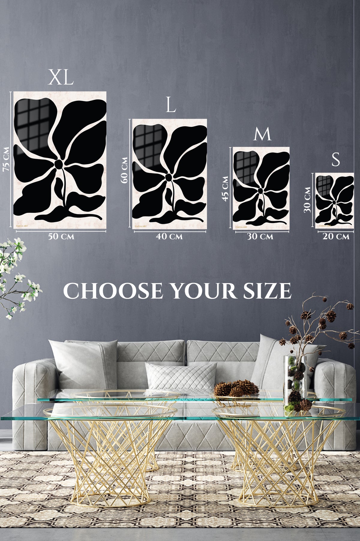EMESA metal wall art size comparison guide for Black Organic Flower on Blush