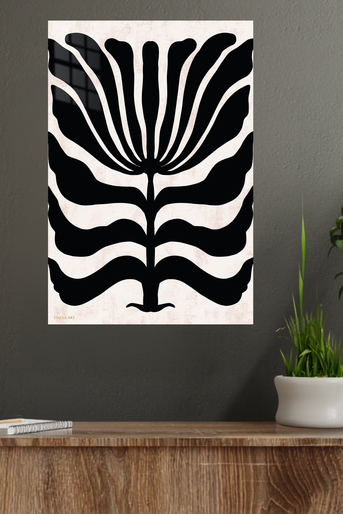 Bold Black Botanical Silhouette metal wall art displayed in a modern interior