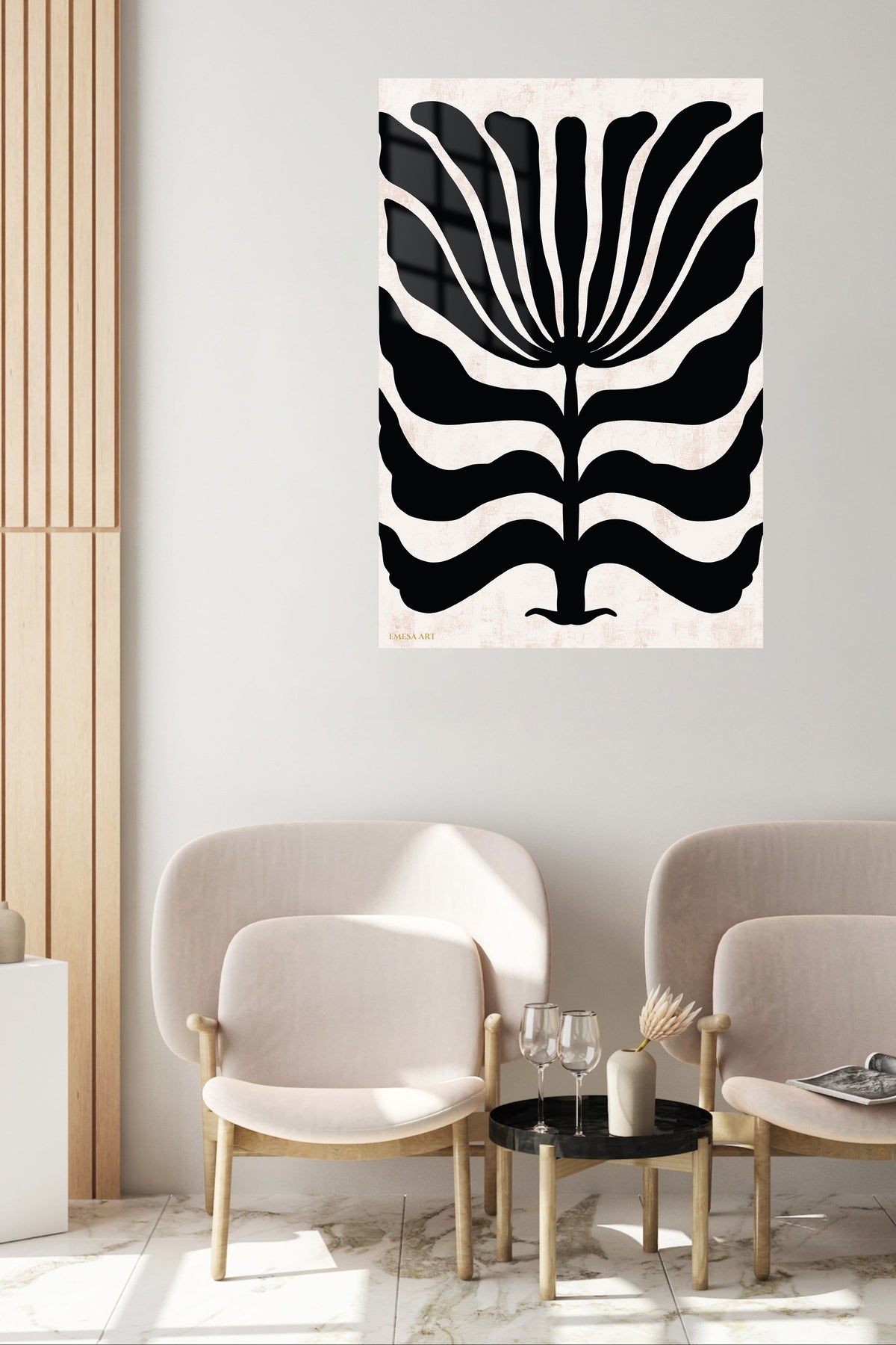 Bold Black Botanical Silhouette metal wall art displayed in a contemporary living space
