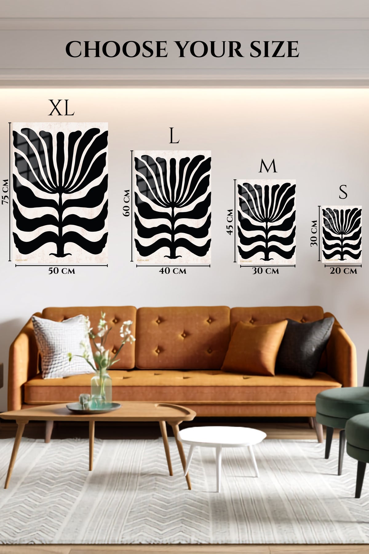 EMESA metal wall art size comparison guide for Bold Black Botanical Silhouette