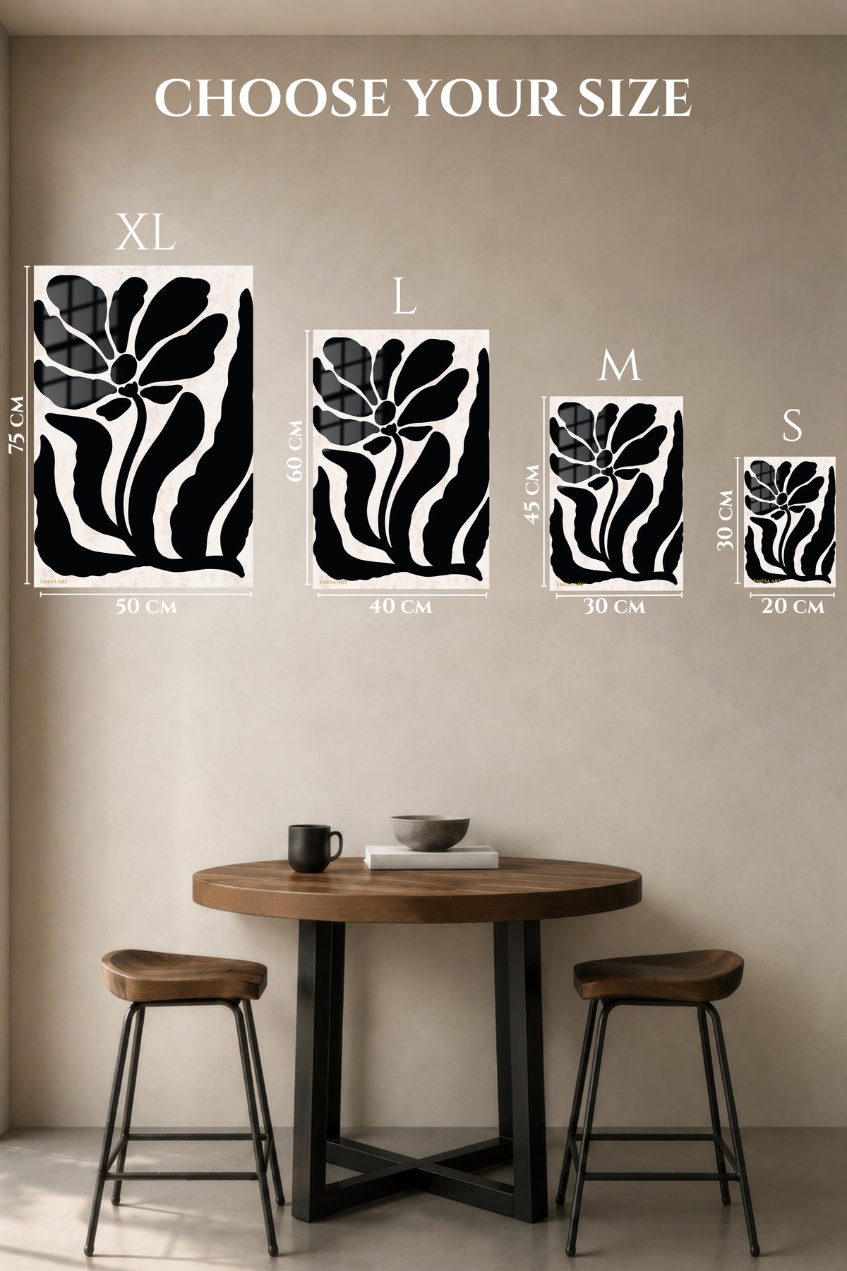 EMESA metal wall art size comparison guide for Midnight Botanical Silhouette